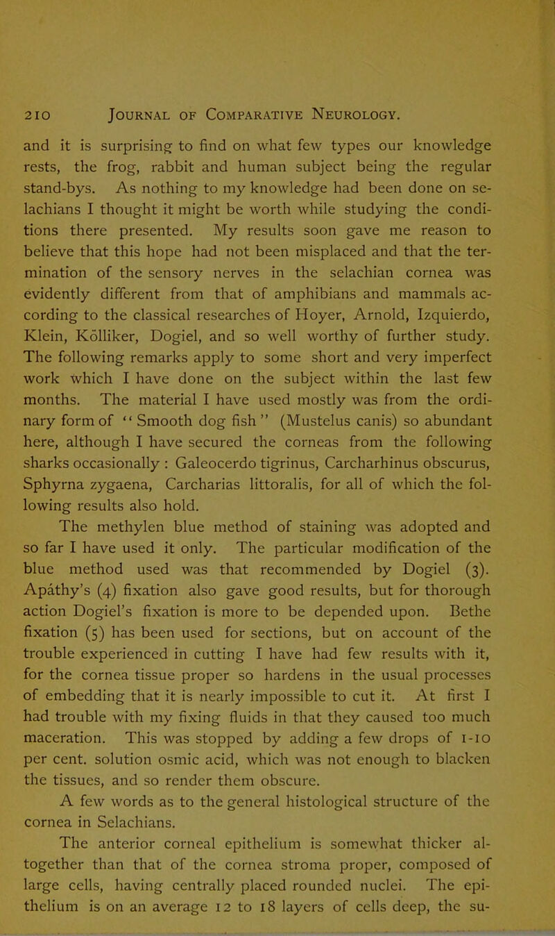 and it is surprising to find on what few types our knowledge rests, the frog, rabbit and human subject being the regular stand-bys. As nothing to my knowledge had been done on se- lachians I thought it might be worth while studying the condi- tions there presented. My results soon gave me reason to believe that this hope had not been misplaced and that the ter- mination of the sensory nerves in the selachian cornea was evidently different from that of amphibians and mammals ac- cording to the classical researches of Hoyer, Arnold, Izquierdo, Klein, Kolliker, Dogiel, and so well worthy of further study. The following remarks apply to some short and very imperfect work which I have done on the subject within the last few months. The material I have used mostly was from the ordi- nary form of “ Smooth dog fish ” (Mustelus canis) so abundant here, although I have secured the corneas from the following sharks occasionally : Galeocerdo tigrinus, Carcharhinus obscurus, Sphyrna zygaena, Carcharias littoralis, for all of which the fol- lowing results also hold. The methylen blue method of staining was adopted and so far I have used it only. The particular modification of the blue method used was that recommended by Dogiel (3). Apathy’s (4) fixation also gave good results, but for thorough action Dogiel’s fixation is more to be depended upon. Bethe fixation (5) has been used for sections, but on account of the trouble experienced in cutting I have had few results with it, for the cornea tissue proper so hardens in the usual processes of embedding that it is nearly impossible to cut it. At first I had trouble with my fixing fluids in that they caused too much maceration. This was stopped by adding a few drops of i-io per cent, solution osmic acid, which was not enough to blacken the tissues, and so render them obscure. A few words as to the general histological structure of the cornea in Selachians. The anterior corneal epithelium is somewhat thicker al- together than that of the cornea stroma proper, composed of large cells, having centrally placed rounded nuclei. The epi- thelium is on an average 12 to 18 layers of cells deep, the su-