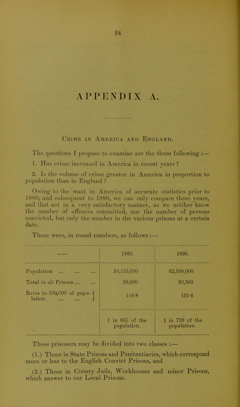 APPENDIX A. Crime in America and England. The questions I propose to examine are the three following :— 1. Has crime increased in America in recent years ? 2. Is the volume of crime greater in America in proportion to population than in England ? Owing to the want in America of accurate statistics prior to 1880, and subsequent to 1890, we can only compare these years, and that not in a very satisfactory manner, as we neither know the number of offences committed, nor the number of persons convicted, but only the number in the various prisons at a certain date. These were, in round numbers, as follows :— 1880. 1890. Population ... 50,155,000 62,500,000 Total in all Prisons 58,600 82,300 Rates to 100,000 of popu-\ lation ... ... } 116-8 131-6 1 in 855 of the population. 1 in 759 of the population. These prisoners may be divided into two classes :— (1.) Those in State Prisons and Penitentiaries, which correspond more or less to the English Convict Prisons, and (2.) Those in County Jails, Workhouses and minor Prisons, which answer to our Local Prisons.