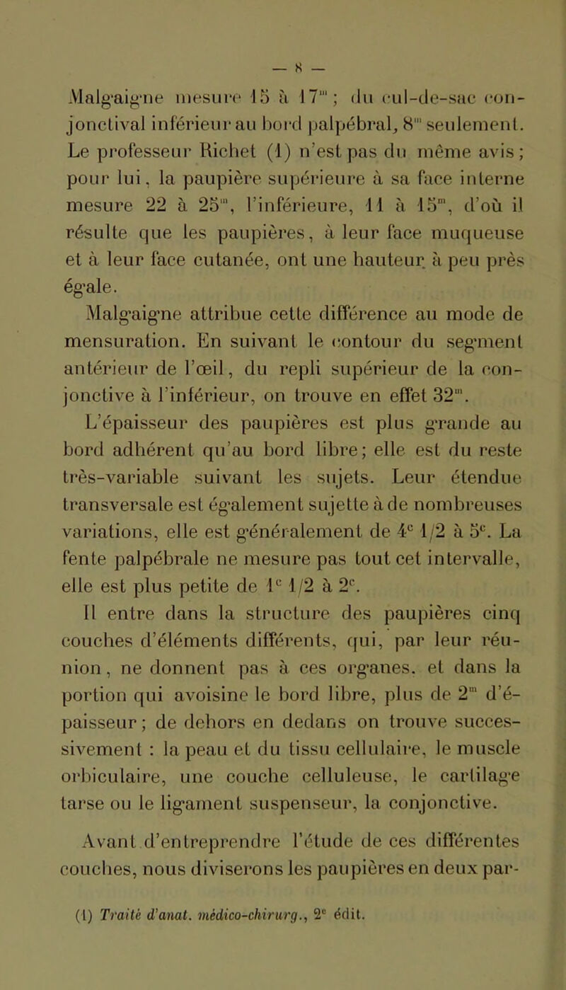 -Vlalg'ai^-ne niesiirc 15 5 17“‘; du cul-de-sac (*üu- joncLival inférieurau bord palpébral, 8‘ seulenienl. Le professeur Richet (1) n’eslpas du même a\ds; pour lui, la paupière supérieure à sa face iulerne mesure 22 à 25‘, l’inférieure, 11 à IS*, d’où il résulte que les paupières, à leur face muqueuse et à leur face cutanée, ont une hauteur à peu près ég’ale. Malg*aig’ne attribue cette différence au mode de mensuration. En suivant le c.ontour du seg’ment antérieur de l’œil, du repli supérieur de la con- jonctive à l’inférieur, on trouve en effet 32'. L’épaisseur des paupières est plus g'rande au bord adhérent qu’au bord libre; elle est du reste très-variable suivant les sujets. Leur étendue transversale est également sujette à de nombreuses variations, elle est généralement de 1/2 à o'^'. La fente palpébrale ne mesure pas tout cet intervalle, elle est plus petite de 1‘^ 1/2 à 2‘^‘. 11 entre dans la structure des paupières cinq couches d’éléments différents, cfui, par leur réu- nion , ne donnent pas à ces org’anes. et dans la portion qui avoisine le bord libre, plus de 2’ d’é- paisseur ; de dehors en dedans on trouve succes- sivement : la peau et du tissu cellulaire, le muscle orbiculaire, une couche celluleuse, le cartilage tarse ou le ligament suspenseur, la conjonctive. Avant d’entreprendre l’étude de ces différentes couches, nous diviserons les paupières en deux par-