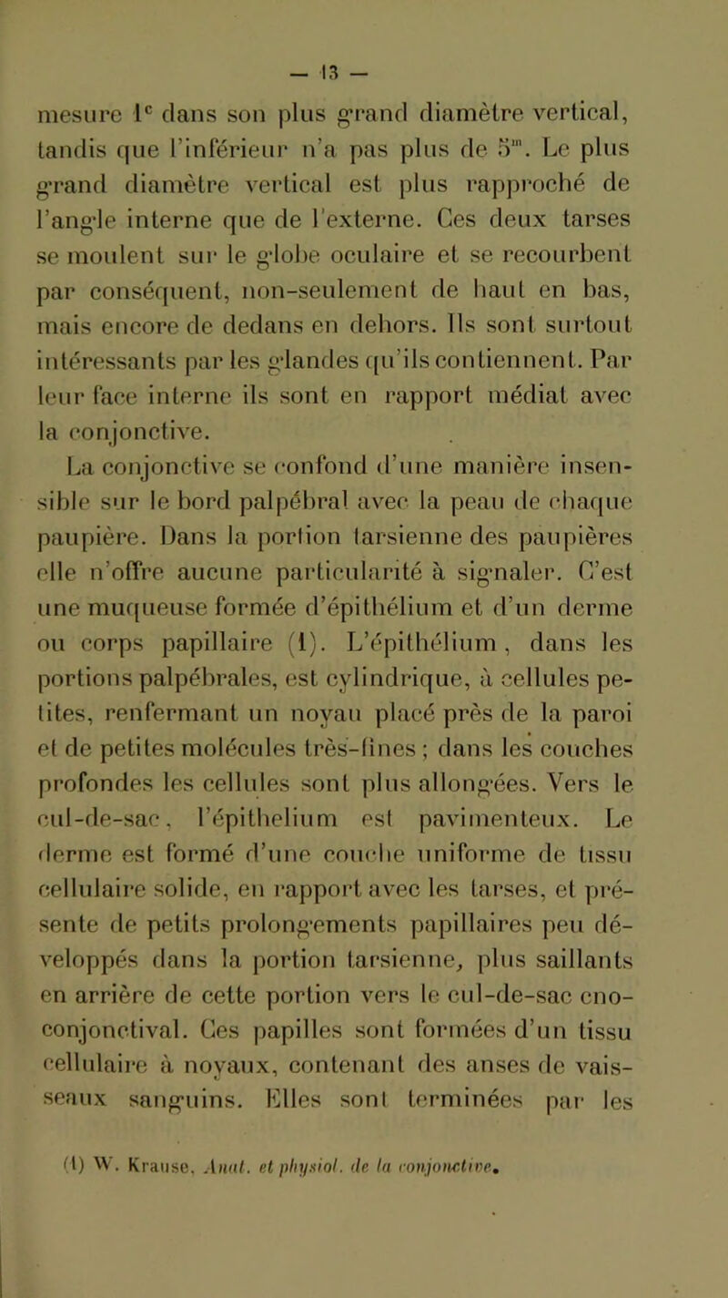 mesure l® clans son plus grand diamètre vertical, tandis fjue l’inférieur n’a pas plus de 5‘. Le plus g'rand diamètre vertical est plus rapproché de l’ang-le interne que de l’externe. Ces deux tarses se moulent sur le gdobe oculaire et se recourbent par conséquent, non-seulement de haut en bas, mais encore de dedans en dehors. Ils sont surtout intéressants par les g'iandes qu’ils contiennent. Par leur face interne ils sont en rapport médiat avec la conjonctive. La conjonctive se confond d’une manière insen- sible sur le bord palpébral avec la peau de chaque paupière. Dans la portion tarsienne des paupières elle n’offre aucune particularité à sig’naler. C’est une muqueuse formée d’épithélium et d’un derme ou corps papillaire (l). L’épithélium, dans les portions palpébrales, est cylindrique, à cellules pe- tites, renfermant un noyau placé près de la paroi et de petites molécules très-tînes ; dans les couches profondes les cellules sont plus allong-ées. Vers le cul-de-sac, l’épithelium est pavimenteux. Le derme est formé d’une couche uniforme de tissu cellulaire solide, en rapport avec les tarses, et pré- sente de petits prolong-ements papillaires peu dé- veloppés dans la portion tarsienne, plus saillants en arrière de cette portion vers le cul-de-sac cno- conjonetival. Ces papilles sont formées d’un tissu cellulaii-e à noyaux, contenant des anses de vais- seaux sang-Liins, Elles sont terminées par les (l) W. Krause, Ànnl. et physiol. de la conjow-liw.