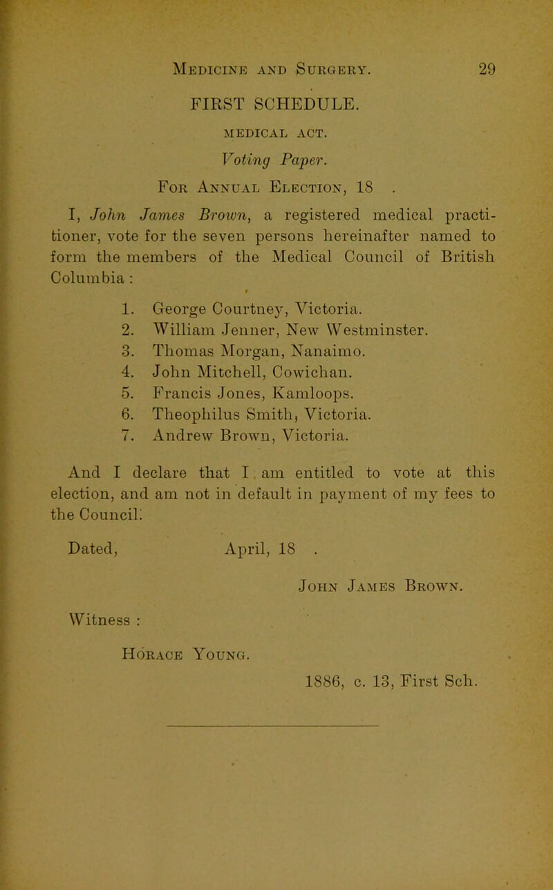 FIRST SCFIEDULE. MEDICAL ACT. Voting Paper. For Annual Election, 18 . I, John Janies Brown, a registered medical practi- tioner, vote for the seven persons hereinafter named to form the members of the Medical Council of British Columbia ; i 1. George Courtney, Victoria. 2. William Jenner, New Westminster. 3. Thomas Morgan, Nanaimo. 4. John Mitchell, Cowichan. 5. Francis Jones, Kamloops. 6. Theophilus Smith, Victoria. 7. Andrew Brown, Victoria. And I declare that I, am entitled to vote at this election, and am not in default in payment of my fees to the Council! Dated, April, 18 . John James Brown. Witness : Horace Young. 1886, c. 13, First Sch.