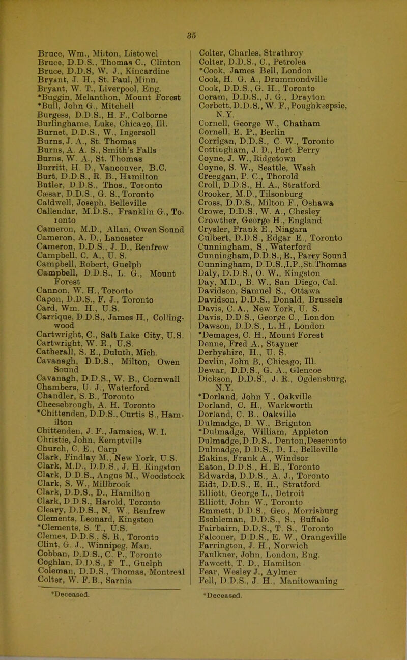 Bruce, Wm., Miiton, Listowel Bruce, D.D.S., Thomas C., Clinton Bruce, D.D.S, W. J., Kincardine Bryant, J. H., St. Paul, Minn. Bryant, W. T., Liverpool, Eng. *Buggin, Melanthon, Mount Forest *Bnll, John G., Mitchell Burgess, D.D.S., H. F., Colborne Burlinghame, Luke, Chicago, 111. Burnet, D.D.S., W., Ingersoll Burns, J. A., St. Thomas Burns, A. A. S., Smith’s Falla Burns, W. A., St. Thomas Burritt, H. D., Vancouver, B.C. Burt, D.D.S., R. B., Hamilton Butler, D.D.S., Thos., Toronto Cresar, D.D.S., G. S., Toronto Caldwell, Joseph, Belleville Callendar, M.D.S., Franklin G., To- ronto Cameron, M.D., Allan, Owen Sound Cameron, A. D., Lancaster Cameron, D.D.S., J. D., Renfrew Campbell, C. A., U. S. Campbell, Robert, Guelph Campbell, D.D.S., L. G., Mount Forest Cannon, 'W. H., Toronto Capon, D.D.S., F. J., Toronto Card, Wm. H., D.S. Carrique, D.D.S., James H., Colling- wood Cartwright, C., Salt Lake City, U.S. Cartwright, W. E., U.S. Catherall, S. E., Duluth, Mich. Cavanagh, D.D.S., Milton, Owen Sound Cavanagh, D.D.S., W. B., Cornwall Chambers, U. J., Waterford Chandler, S.B., Toronto Cheesebrough, A. H. Toronto •Chittenden, D.D.S., Curtis S., Ham- ilton Chittenden, J. F., Jamaica, W. I. Christie, John, Kemptville Church, C. E., Carp Clark, Findlay M., New York, U.S. Clark, M.D., D.D.S., J. H. Kingston Clark, D.D.S., Angus M., Woodstock Clark, S. W., Millbrook Clark, D.D.S., D., Hamilton Clark, D D.S., Harold, Toronto Cleary, D.D.S., N. W., Renfrew Clements, Leonard, Kingston •Clements, S. T., U.S. Clemes, D.D.S., S. R., Toronto Clint, G. J., Winnipeg, Man. Cobban, D.D.S., C. P., Toronto Coghlan, D.D.S , F T., Guelph Coleman, D.D.S., Thomas, Montreal Colter, W. F. B., Sarnia Colter, Charles, Strathroy Colter, D.D.S., C., Petrolea ♦Cook, James Bell, London Cook, H. G. A., Drommondville Cook, D.D.S., G. H., Toronto Ooram, D.D.S., J. G., Drayton Corbett, D.D.S., W. F., Poughkeepsie, N.Y. Cornell, George W., Chatham Cornell, E. P., Berlin Corrigan, D.D.S., C. W., Toronto Cottiugham, J. D., Port Perry Coyne, J. W., Ridgetown Coyne, S. W., Seattle, Wash Creeggan, P. C., Thorold Croll, D.D.S., H. A., Stratford Crooker, M.D., Tilsonburg Cross, D.D.S., Milton F., Oshawa Crowe, D.D.S., W. A., Chesley Crowther, George H., England Crysler, Frank E., Niagara Culbert, D.D.S., Edgar E., Toronto Cunningham, S., Waterford Cunningham, D.D.S., E., Parry Sound Cunningham, D.D.S..I.P.,St.Thomas Daly, D.D.S., 0. W., Kingston Day, M.D., B. W., San Diego, Cal. Davidson, Samuel S., Ottawa Davidson, D.D.S., Donald, Brussels Davis, C. A., New York, U. S. Davis, D.D.S., George C., London Dawson, D.D.S., L. H., London ♦Demages, C. H., Mount Forest Denne, Fred A., Stayner Derbyshire, H., U. S. Devlin, John B., Chicago, 111. Dewar, D.D.S., G. A., Glencoe Dickson, D.D.S., J. R., Ogdensburg, N.Y. ♦Dorland, John Y.. Oakville Dorland, C. H., Warkworth Dorland, C. B.. Oakville Dulmadge, D. W., Brignton ♦Dulmadge, William, Appleton Dulmadge, D.D.S.. Denton,Deseronto Dulmadge, D.D.S., D. I., Belleville Eakins, Frank A., Windsor Eaton, D.D.S., H.E., Toronto Edwards, D.D.S., A. J., Toronto Eidt, D.D.S., E. H., Stratford Elliott, George L., Detroit Elliott, John W., Toronto Emmett, D.D.S., Geo., Morrisburg Esohleman, D.D.S., S., Buffalo Fairbairn, D.D.S., T. S., Toronto Falconer, D.D.S., E. W., Orangeville Farrington, J. H., Norwich Faulkner, John, London, Eng. Fawcett, T. D., Hamilton Fear, Wesley J., Aylmer Fell, D.D.S., J. H., Manitowaning