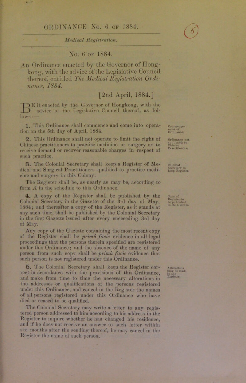 ^fe(^icaI Registration. No. () OF 1884. An Ordinance enacted l)y the Governor of Hong- kona', Avitli the advice of the Legislative Council tliereof, entitled The Medical Registration Ordi- nance, 18S4. [2nd April, 1884.] 17) K it. enacted liy tlie Governor of Hongkong, with the A advice of the Legislative Council thereof, as fol- lows :— 1. This Ordinance .shall commence and come into opera- tion on the 5th day of April, 1884. 2. This Ordinance shall not operate to limit the right of Cliine.se practitioners to practise medicine or surgery or to receive demand or recover reasonable charges in respect of such practice. 3. The Colonial Secretary shall keep a Register of Me- tlical and Surgical Practitioners qualified to practise medi- cine and surgery iti this Colony. The Register shall be, as nearly as may be, according to form A ill the schedule to this Ordinance. 4. A copy of the Register shall he published by the Colonial Secretary in the Gazette of the 3rd day of May, 1884; and thereafter a copy of the Register, as it stands at any such time, shall be published by the Colonial Secretary in the first Gazette issued after every succeeding 3rd day of May. Any copy of the Gazette containing the most recent copy of the Register shall be prima facie evidence in all legal proceedings that the persons therein specified are registered under this Ordinance; and the absence of the name of any person from such copy shall be ovidcuce that such person is not registered under this Ordinance. 5. The Colonial Secretary shall keep the Register cor- rect in accordance with the provisions of this Ordinance, and make from time to time the necessary alterations in the addresses or qualifications of the persons registered under this Ordinance, and cancel in the Register the names of all persons registered under this Ordinance who have died or ceased to be qualified. The Colonial Secretary may write a letter to any regis- tered person addressed to him according to his address in the Register to inquire whether he has changed his residence, and if ho does not receive an answer to such letter within six months after the sending thereof, ho may cancel in the Register the name of such i>crsou. Commonco- mont of Ordiiiiuice. Ordinnneo not Aunlicnblo to Chint'so PractltioucrA. Colonial Secix-tary to koei> RcgUtcr. Copy of H<*gi«tor to l>u publiKliiMl in Ibo Gnzotto. Aliorationa znny bo uiado In the Eegiatur.