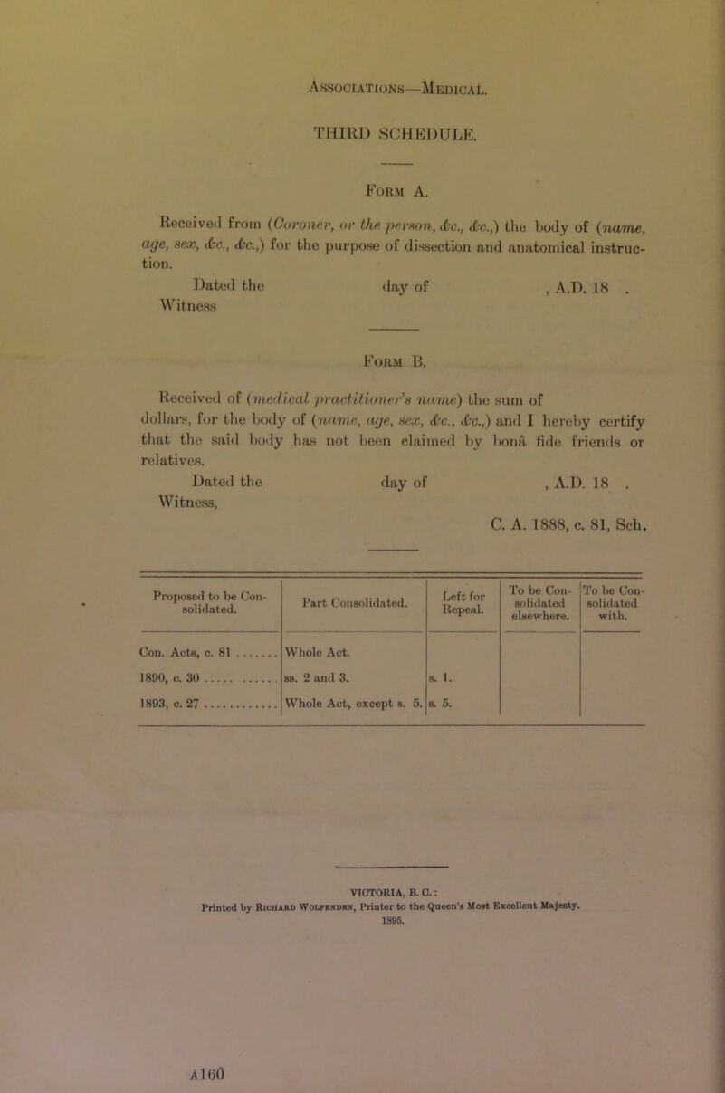 THIRD SCHEDULE. Form A. Received from (Goronev, or the jx’rwn, (&c., dbc.,) the body of {name, age, sex, c&c., (fee.,) for the purpo.se of dissection and anatomical instruc- tion. Dated the day of , A.D. 18 . Witness Form B. Received of (medical practitioner s name) the sum of dollai-s, for the body of (name, age, sex, d'C., tfcc.,) and I hereby certify that the said body has not been claimed by bona fide friends or relatives. Dated the day of , A.D. 18 . Witness, C. A. 1888, c. 81, Sch. Proposed to be Con- solidated. Part Consolidated. Left for Repeal. To be Con- solidated elsewhere. To be Con- solidated with. Con. Acts, c. 81 Whole Act. 1890, c. 30 SB. 2 and 3. 8. 1. 1893, c. 27 Whole Act, except s. 5. 8. 5. VICTORIA, B. 0.: Printed by Richard Woupkndrn, Printer to the Queen’s Most Excellent Majesty. 1896. AlUO