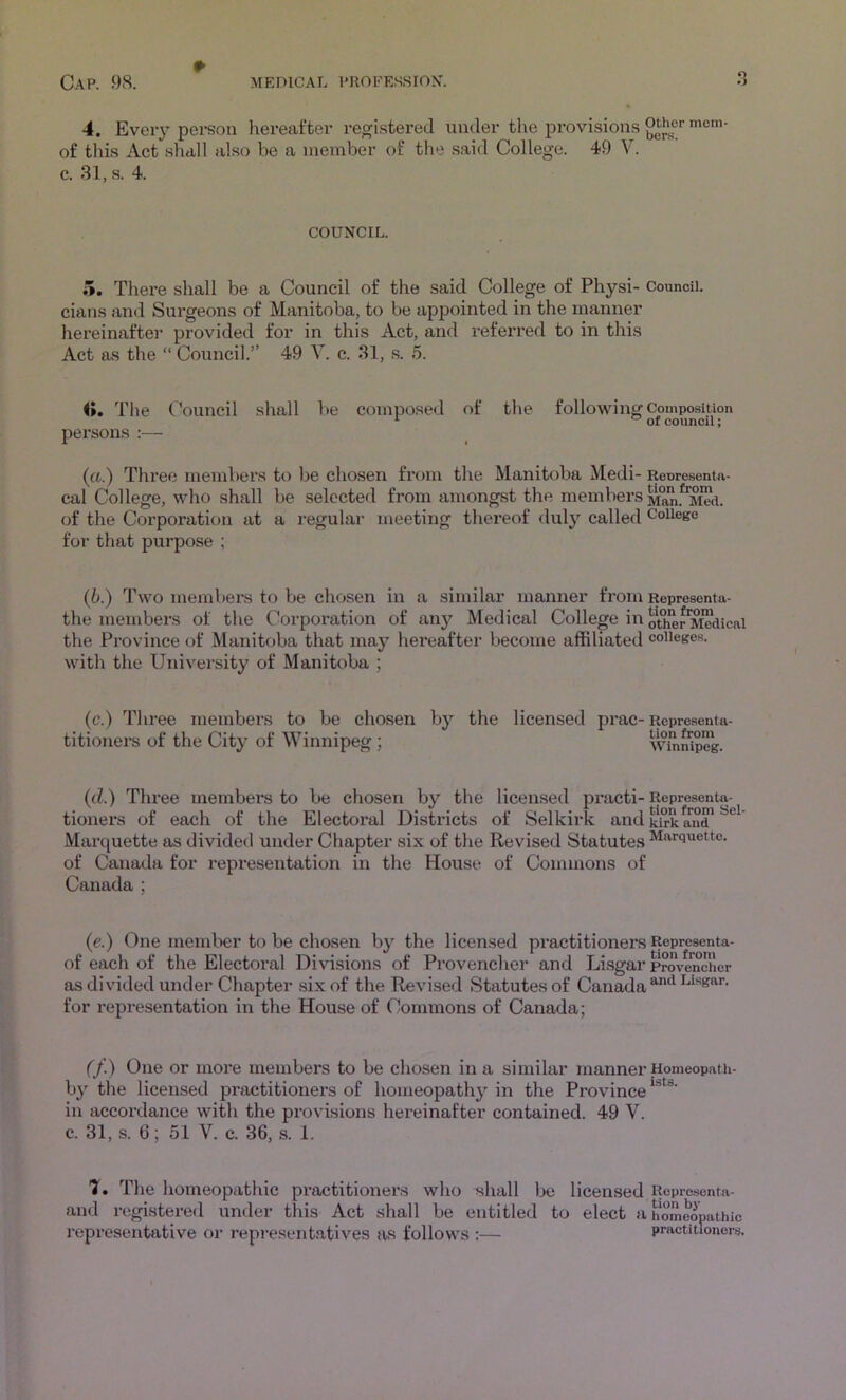 o 4. Every person hereafter registered under the provisions of this Act slidll also be a member of the said College. 49 V. c. 31, s. 4. COUNCIL. 5. There shall be a Council of the said College of Physi- Council, cians and Surgeons of Manitoba, to be appointed in the manner hereinaftei’ provided for in this Act, and refeiTed to in this Act as the “ Council.” 49 V. c. 31, s. 5. <», The Council shall be composed of the following Composition ° ot council; persons :— (a.) Three members to be chosen from the Manitoba Medi- Renresentn- eal College, who shall be selected from amongst the members Man.* m«l of the Corporation at a regular meeting thereof duly called College for that purpose ; (6.) Two members to be chosen in a similar manner from Representa- the members of the Corporation of any Medical College in other Medical the Pi’ovinee of Manitoba that may hereafter become affiliated colleges, with the University of Manitoba ; (c.) Three members to be chosen by the licensed titionei*s of the City of Winnipeg ; prac- Representa- tion from Winnipeg. (d.) Three members to be chosen by the licensed practi- Representa- tioners of each of the Electoral Districts of Selkirk and kirk and' Marquette as divided under Chapter six of the Revised Statutes Marquette, of Canada for representation in the House of Commons of Canada ; (e.) One member to be chosen by the licensed practitioners Representa- of each of the Electoi’al Divisions of Provencher and Li.sgar proVenchcr as divided under Chapter six of the Revised Statutes of Canada for representation in the House of Commons of Canada; (f.) One or more members to be chosen in a similar manner Homeopath- by the licensed practitioners of homeopath}'’ in the Province in accordance with the provisions hereinafter contained. 49 V. c. 31, s. 6; 51 V. c. 36, s. 1. 7. The homeopathic practitioners who shall be licensed Reprosenta- and registered under this Act shall be entitled to elect a homeopathic representative or representatives as follows :— practitmnorij.