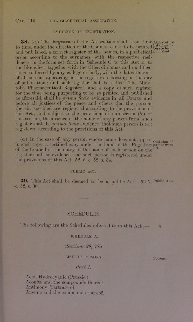 EVIDENCE OF REGISTKATION. {(1.) 'I'lie Registrar of the Association ,silaJl from time Alphabetical to time, under tlie direction of the Council, cause to be printed an<l published, a coi-rect register of the names, in alphabetical pwished, -order according to the surnames, Auth the respective resi- dences, in the form set forth in Schedule C to this Act or to the like effect, together with the titles, diplomas and qualifica- tions conferred by any college or body, with the tlates thereof, nf all persons appearing on the register as existing on the day <jf puldication ; and such register shall be called “The Mani- toba Pharmaceutical Register,” and a copy of such register for the time being, purporting to be so px'inted and published JUS aforesaid, shall be priimi facie evidence in all Courts and befox’e all justices of the peace and others that the persons therein specified are registered according to the provisions of this Act; and, subject to the provisions of sub-section (1).) of this section, the absence of the name of any person from such registi^r shall lyrima facie evidence that such person is not registered according to the provisions of this Act. (6.) In the case of any person whose name iloes not in such copy, a certified copy under the hand of the Registrar nameR from of the Council of the entry of the name of such person on the'*''*^' register sliall lie evidence that such person is registered under the pi’ovisions of this Act. 52 V. c. 52, s. 34. PUBLIC ACT. 'i'liis Act shall lie deemed to be a public Act. 52 V. 'Wbiic Act. 52, s. 3(). SCHEDULES. The following are the Schedules referred to in this Act ; SCHEDULE A. {Sections 29, SO.) LIST OF POISONS Pa ft 1. Acid, Hydrocyanic (Prussic.) Aeonitf! and the compounds thereof. Antimony, Tartrate of. Arsenic and the compounds thereof.