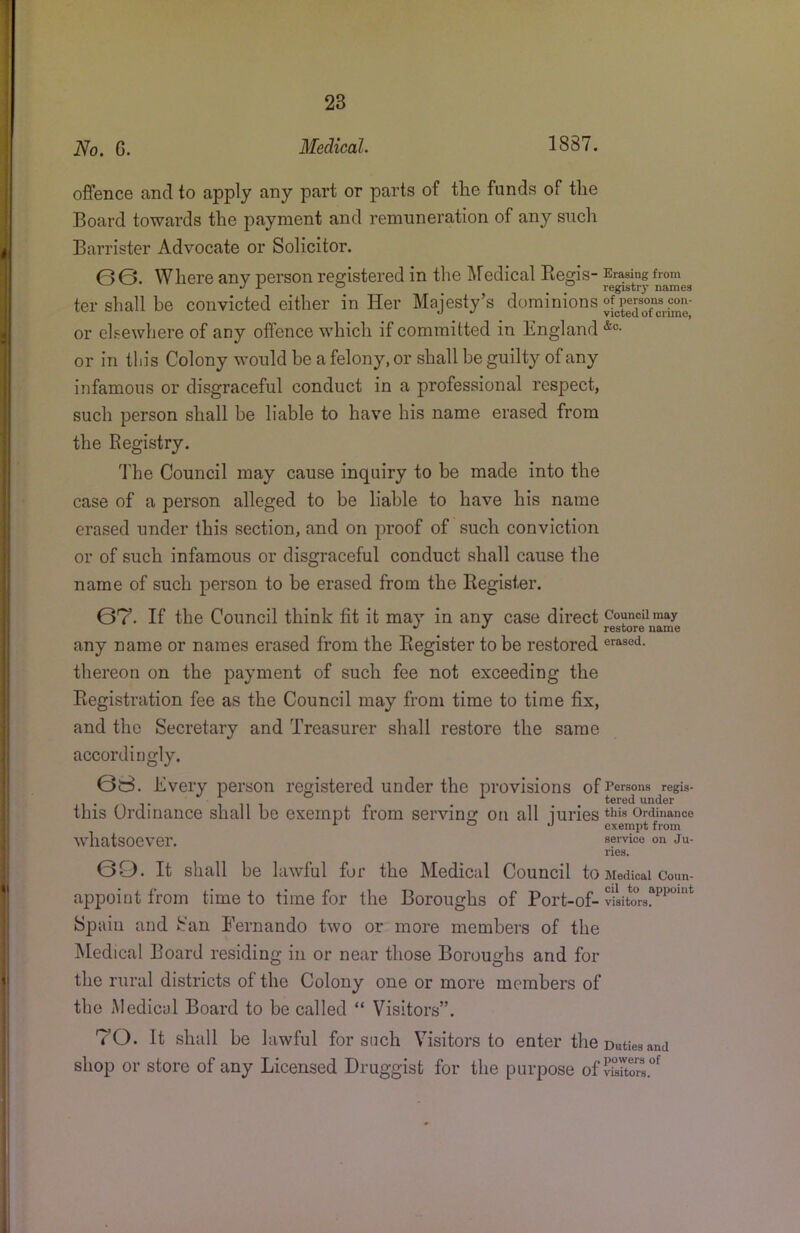 No. 6. Medical. 1887. offence and to apply any part or parts of tlie funds of the Board towards the payment and remuneration of any such Barrister Advocate or Solicitor. 0 0. Where any person registered in the Medical Eegis- Erasing from ^ ^ J i- ^ registry names ter shall he convicted either in Her Majesty’s dominions or elsewhere of any offence which if committed in England or in this Colony would be a felony, or shall be guilty of any infamous or disgraceful conduct in a professional respect, such person shall be liable to have his name erased from the Registry. 'I'he Council may cause inquiry to be made into the case of a person alleged to be liable to have his name erased under this section, and on proof of such conviction or of such infamous or disgraceful conduct shall cause the name of such person to be erased from the Register. 07. If the Council think fit it may in any case direct CouncUmay restore name any name or names erased from the Register to be restored erased, thereon on the payment of such fee not exceeding the Registration fee as the Council may from time to time fix, and the Secretary and Treasurer shall restore the same accordingly. 08. Every person registered under the provisions of rersons regis- T 1 11 1 r. . tered under this Ordinance shall be exempt from serving on all iuries ordinance o .j exempt from whatsoever. service on Ju- lies. 0O. It shall be lawful for the Medical Council to Medical coun- appoint from time to time for the Boroughs of Port-of- v?sito“rs^^^“‘“* Spain and San Fernando two or more members of the Medical Board residing in or near those Boroughs and for the rural districts of the Colony one or more members of the Medical Board to be called “ Visitors”. TO. It shall be lawful for such Visitors to enter the Duties and shop or store of any Licensed Druggist for the purpose ofSrs.^