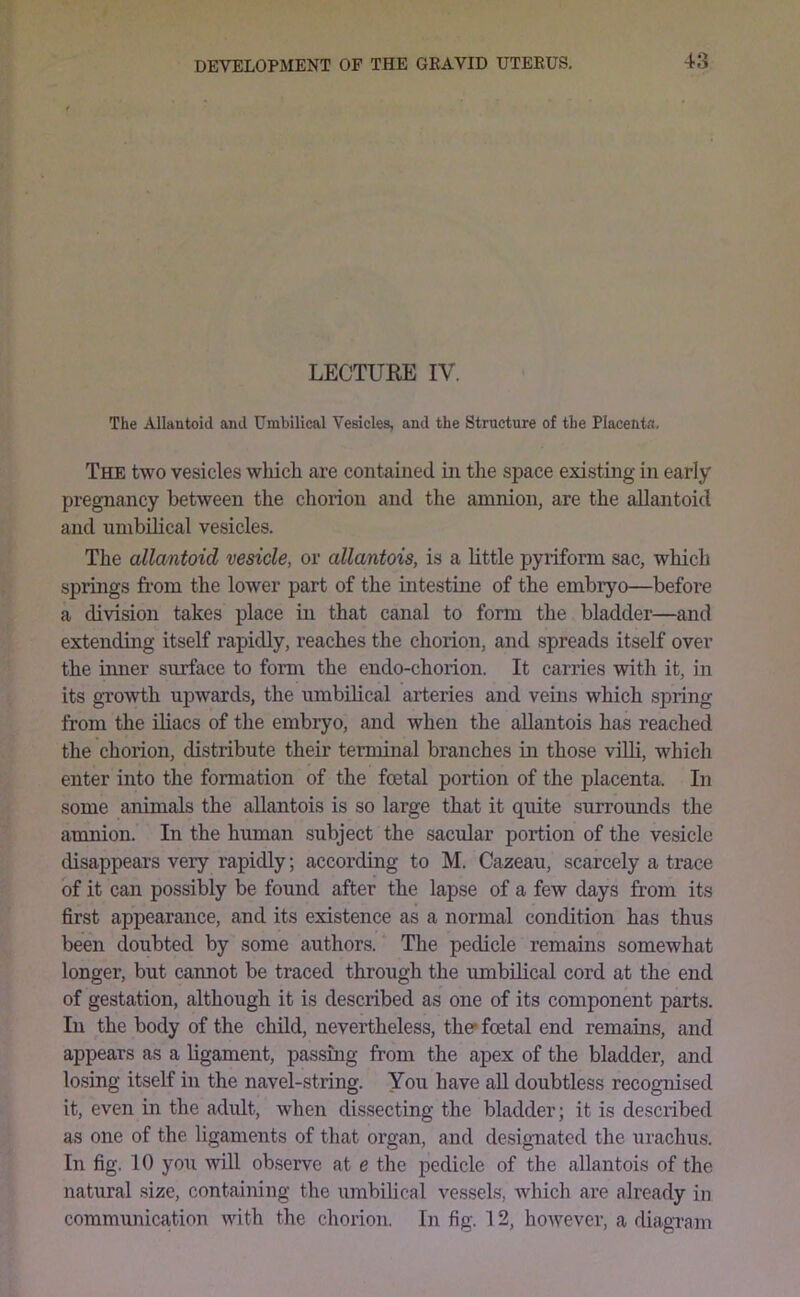 LECTURE IV. The Allantoid and Umbilical Vesicles, and the Structure of the Placenta. The two vesicles which are contained in the space existing in early pregnancy between the chorion and the amnion, are the allantoid and umbiHcal vesicles. The allantoid vesicle, or allantois, is a little pyrifonn sac, which springs from the lower part of the intestine of the embryo—before a division takes place in that canal to form the bladder—and extending itself rapidly, reaches the chorion, and spreads itself over the inner surface to form the endo-chorion. It carries with it, in its growth upwards, the umbilical arteries and veins which spring from the iliacs of the embryo, and when the allantois has reached the chorion, distribute their terminal branches in those villi, which enter into the formation of the foetal portion of the placenta. In some animals the allantois is so large that it quite surrounds the amnion. In the human subject the sacular portion of the vesicle disappears very rapidly; according to M. Cazeau, scarcely a trace of it can possibly be found after the lapse of a few days from its first appearance, and its existence as a normal condition has thus been doubted by some authors. The pedicle remains somewhat longer, but cannot be traced through the umbilical cord at the end of gestation, although it is described as one of its component parts. In the body of the child, nevertheless, the- foetal end remains, and appears as a ligament, passing from the apex of the bladder, and lo.sing itself in the navel-string. You have aU doubtless recognised it, even in the adult, when dissecting the bladder; it is described as one of the ligaments of that organ, and designated the urachus. In fig. 10 you will observe at e the pedicle of the allantois of the natural .size, containing the umbilical vessels, which are already in communica-tion with the chorion. In fig. 12, however, a diagvam