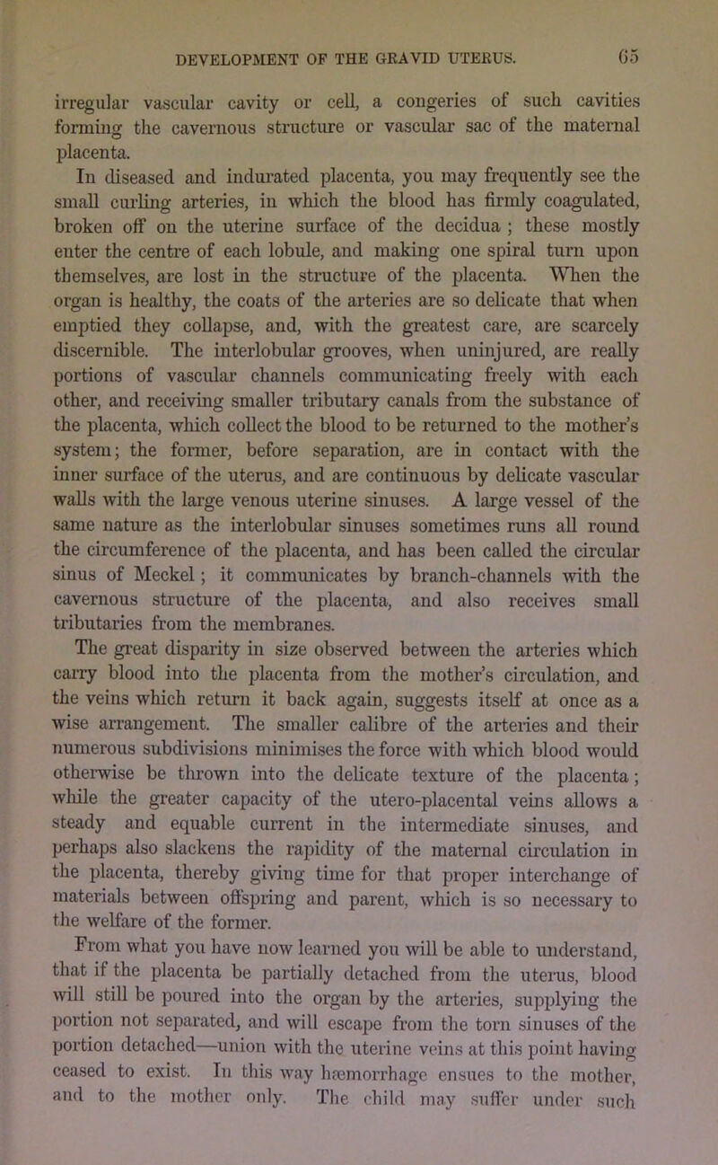 irregular vascular cavity or cell, a congeries of such cavities forming the cavenious structure or vascular sac of the maternal placenta. In diseased and indui’ated placenta, you may frequently see the small curling arteries, in which the blood has firmly coagulated, broken off on the uterine surface of the decidua ; these mostly enter the centre of each lobule, and making one spiral turn upon themselves, are lost in the structure of the placenta. When the organ is healthy, the coats of the arteries are so delicate that when emptied they coUapse, and, with the greatest care, are scarcely discernible. The interlobular grooves, when uninjured, are really portions of vascular channels communicating freely with each other, and receiving smaller tributary canals from the substance of the placenta, which collect the blood to be returned to the mother’s system; the former, before separation, are in contact with the inner surface of the uterus, and are continuous by delicate vascular walls Avith the large venous uterine sinuses. A large vessel of the same nature as the interlobular sinuses sometimes runs aU round the circumference of the placenta, and has been called the circidar sinus of Meckel; it communicates by branch-channels Avith the cavernous structure of the placenta, and also receives small tributaries from the membranes. The great disparity in size observed between the arteries which cany blood into the placenta from the mother’s circulation, and the veins which return it back again, suggests itself at once as a wise arrangement. The smaller calibre of the arteries and their numerous subdivisions minimises the force with which blood would otherwise be tlirown into the delicate texture of the placenta; while the greater capacity of the utero-placental veins allows a steady and equable current in the intermediate sinuses, and perhaps also slackens the rapidity of the maternal circidation in the placenta, thereby giving time for that proper interchange of materials between oflspring and parent, which is so necessary to tlie welfare of the former. From what you have now learned you will be able to understand, that if the placenta be partially detached from the uterus, blood will still be poured into the organ by the arteries, supplying the portion not separated, and will escape from the toni sinuses of the portion detached—union with the uterine veins at this point having ceased to exist. In this way haemorrhage ensues to the mother, and to the mother only. The child may suffer under such