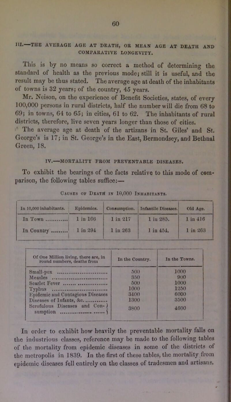 III. THE AVERAGE AGE AT DEATH, OR MEAN AGE AT DEATH AND COMPARATIVE LONGEVITY. This is by no means so correct a method of determining the standard of health as the previous modej still it is useful, and the result may be thus stated. The average age at death of the inhabitants of towns is 32 years; of the country, 45 years. Mr. Neison, on the experience of Benefit Societies, states, of every 100,000 persons in rural districts, half the number will die from 68 to 69; in towns, 64 to 65; in cities, 61 to 62. The inhabitants of rural districts, therefore, live seven years longer than those of cities. ‘ Tlie average age at death of the artizans in St. Giles’ and St. George’s is 17; in St. George’s in the East, Bermondsey, and Bethnal Green, 18. IV. MORTALITY FROM PREVENTABLE DISEASES. To exhibit the bearings of the facts relative to this mode of com- parison, the following tables suffice;— Causes of DeatB in 10,000 Inhabitants. In 10,000 Inhabitants. Epidemics. Consumption. Infantile Diseases. old Age. In Town 1 in lOU 1 in 217 1 in 285. 1 in 416 In Country ^ 1 1 in 294 1 in 263 I in 454. 1 in 203 Of One Million living, there are, in round numbers, deaths from In the Country. In the Towns. Smallpox 500 1000 Meo-sles 3.50 900 Scarlet Fever 500 1000 Typhus 1000 1250 Epidemic nnd Contagions Diseases 3400 6000 Diseases of Infants, &c 1300 3500 Scrofulous Diseases and Con-) sumption ) 3800 4600 In order to exhibit how heavily the preventable mortality falls on the industrious classe.s, reference may be made to the following tables of the mortality from epidemic diseases in some of the districts of the metropolis in 1839. In the first of these tables, the mortality from epidemic diseases fell entirely on the classes of tradesmen and artisans.