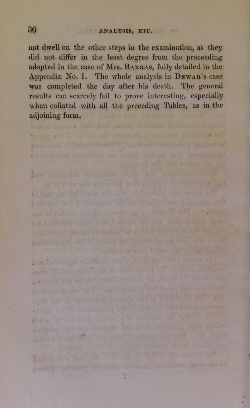 30 ' ANALYSIS, ETC. not dwell on the other steps in the examination, as they did not differ iu the least degree from the proceeding adopted in the case of Mrs. Barras, fully detailed in the Appendix No. 1. The whole analysis in Dewar’s case was completed the day after his death. The general results can scarcely fail to prove interesting, especially when collated with all the preceding Tables, as in the adjoining form.