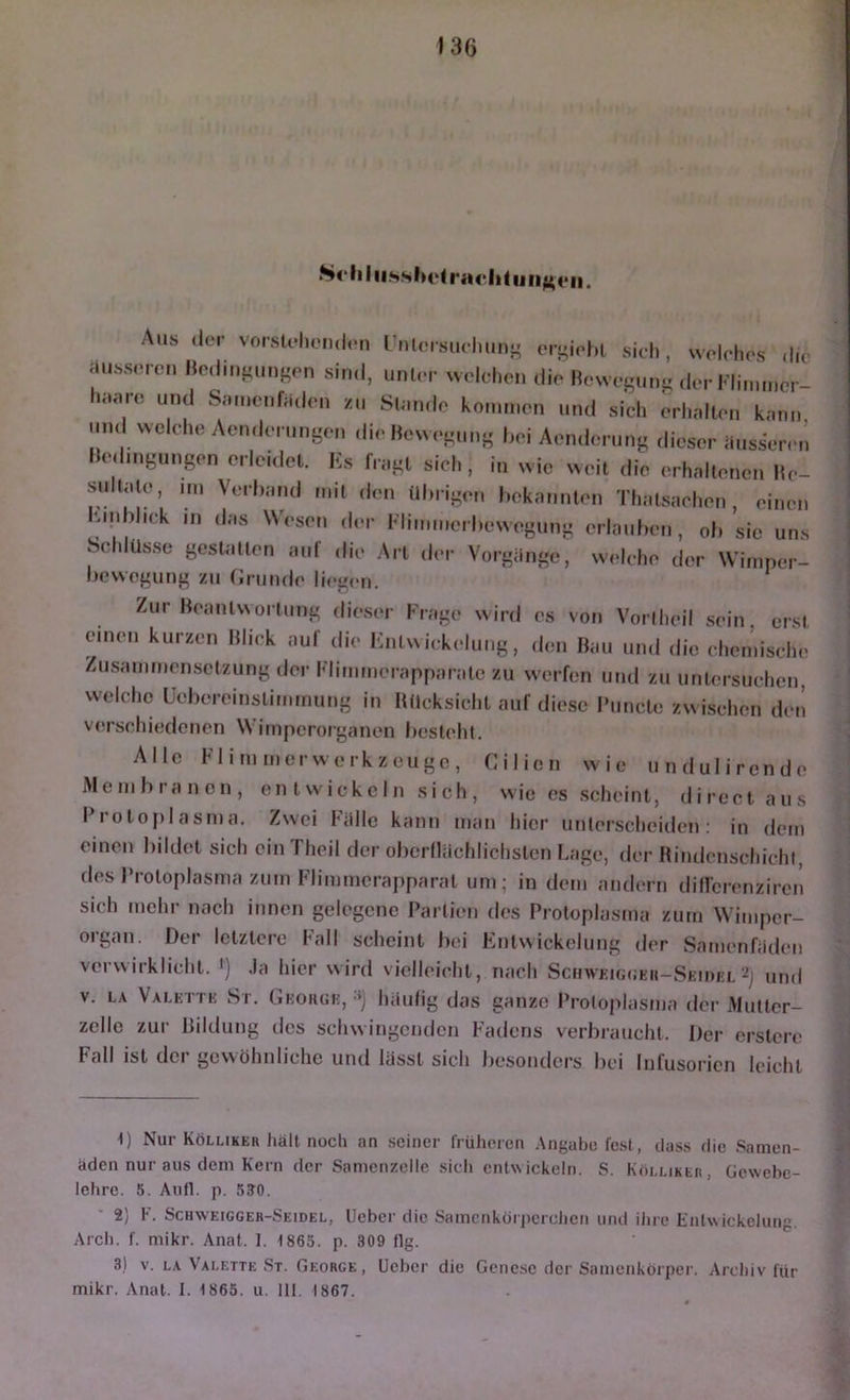 J36 .S<‘li Iiis.sl>e( rächt ijii^cii. Aus ,1er vorslelieiuli.n |•,ll,■,■slu■huns fifilehl sich, welches ,lie äusseren IlechufjunBen sin.l, unCu- welchen ,lie Hewegunf, ,1er |•|unn,er- Innire u„,l S,unenf,i,len y.u Shunic honunen nml sich erh.sllen knnn nn,l wolclu, Ae.nlernngen ,lie Hcwegnng |,ei Aeiulerung ,lieser iiusser,.,; IhMhugungen erleulel. I!s frngl sich, in wie weil ,iie erhallenen Ile- Siiltjilo, Itn Vorhmul mit (Im al»ri-(M. hokannton Tlialsachon, oincn hmhlick m das Wesen der Flimmorl.ewogunii erlauben, oh sie uns Schlüsse gestalten auf die Art der Vorgiinge, welche der Wimper- bevvegung zu fJrunde lieg(>n. Zur Beantwortung dieser Frage wird es von Vorlheil sein, erst einen kurzen Blick aul die Knlwii-kelung, den Bau und die chemische Zusammensetzung dei- Flimmerapparate zu werfen und zu untersuchen, welche Uebereinstimmung in Bticksicht auf diese Buncte zwischen den verschiedenen Wimperorganen besteht. Alle Flimmerwerkzeuge, Cilien wie undulirende Membranen, entwickeln sich, wie cs scheint, direct aus l’rotoplasma. Zwei Fülle kann man hier unterscheiden: in dem einen liildet sich ein Theil der oberdiichlichsten l.age, der Bindenschichl, des l’roloplasma zum Flimmerapparat um; in dem andern diflcrenzircn sich mehr nach innen gelegene Partien des Protoplasma zum Wimper- organ. Der letztere Fall scheint bei Fbitwickelung der Samenfiiden verwirklicht. ') .la hier wird vielleicht, nach ScnwKUiOKU-SKmia und V. LA Valettk Sr. Geohge,-‘j hüuhg das ganze Protoplasma der Multcr- zello zur Bildung des schwingenden Fadens verbraucht. Der erstcre Fall ist dci gewöhnliche und lässt sich besonders l)ei Infusorien leicht 1) Nur Kölliker hält noch an seiner früheren .Angabe fest, dass die Sanien- äden nur aus dem Kern der Samenzelle sich entwickeln. S. Kolliker, Gewebe- lehre. 6. Aufl. p. 5?0. 2) F. Schweiggeh-Seidel, lieber die Samcnkörperclien und iJire Entwickelung. Arch. f. mikr. Anat. I. 1865. p. 309 flg. 3) V. LA Valette St. George, lieber die Genese der Samenkörper. Archiv für