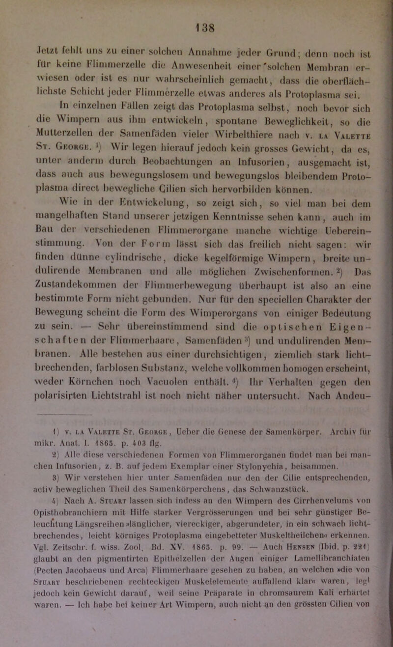 •letzt fehlt uns zu eiiiei solclieu Animluiie j('(lei‘ (jruudj denn noch ist lUi keine l'linunei zelle ilie ÄnsN csenheit einer *solchen Meinhrcin er- wiesen odei ist es nur w;dirscheinlich gcnicicht, doss die obci’lläch— lichste Schicht jeder Fliinmerzellc etwas anderes als Protoplasma sei. In einzelnen Fallen zeigt das Protoplasma seU)St, noch bevor sich die Wimpern aus ihm entwickeln, spontane Beweglichkeit, so die Mutlerzellen der Samenfaden vieler Wirbelthiere nach v. i.a Valktte St. Geokgh. *) Wir legen hierauf jedoch kein grosses Gewicht, da es, unter anderm durch Beobachtungen an Infusorien, ausgemacht ist, dass auch aus bewegungslosem und bewegungslos bleibendeui Proto- plasma direct bewegliche Gilien sich hervorbilden können. Wie in der Fhitw ickelung, so zeigt sich, so viel man l)ei dem mangelhaften Stand unserer jetzigen Kenntnisse sehen kann , auch im Bau der verschiedenen Flimmerorgane manche wichtige üeberein- stimmung. Von der Foi’in lasst sich das freilich nicht .sagen: wir finden dünne cylindrische, dicke kegelförmige Wimpern, breite un- dulircnde Membranen und alle möglichen Zwischenformen. Dhs Zu.standekommen der Fliimnerbewegung überhaupt ist also an eine bestimmte Form nicht gebunden. iNur für den speciellcn Charakter der Bewegung scheint die Form des Wimi)erorgans von einiger Bedeutung zu sein. — Sehr übereinstimmend sind die optischen Eigen- schaften der Flimmerhaare, Samenfaden'*) und undulirenden Mem- branen. Alle bestehen aus einer durchsichtigen, ziemlich stark licht- brechenden, farblosen Substanz, welche vollkommen homogen erscheint, weder Körnchen noch Vacuolen enthalt. *) Ihr Verhallen gegen den polarisipten Lichtstrahl ist noch nicht naher untersucht. Nach Andcu- 1) V. LA Valette St. George, Ucher die (ienese der Saincnkorper. .\rcliiv lür mikr. Anat. I. 1865. p. 4 03 llg. a) Alle dic.se verschiedenen Können von Flininierorganen findet man bei man- chen Infusorien, /.. B. auf jedem Exemplar einer Stylonychia, beisammen. 3) Wir \erstehen hier unter Samenfaden nur den der Cilie entsprechenden, activ beweglichen Theil des Samenkörperchens, das Schwanzstück. 4, Nach A. Stuart lassen sich indess an den Wimpern des Cirrhenvelums von Opisthobranchiern mit Hilfe starker Vergrösserungen und bei sehr günstiger Be- leuchtung Längsreihen »länglicher, viereckiger, abgerundeter, in ein schwach licht- brechendes, leicht körniges Protoplasma eingebetteter .Muskeltheilchen« erkennen. Vgl. Zeitschr. f. wiss. Zool. Bd. XV. 1865. p. 99. — Auch IIensen (Ibid. p. 221; glaubt an den pigmentirten Epithelzellen der Augen einiger Lamcilibranchialen (Pecten .lacobacus und Area) Flimmerhaare gesehen zu haben, an welchen »die von Stuart bescliriebencn rechteckigen .Muskelelemenle audäilend klar« waren, legi jedoch kein Gewicht darauf, weil seine Präpaiatc in chroinsaiirem Kali erhärtet waren. — Ich habe bei keiner Art Wimpern, auch nicht an den grössten Gilien von I