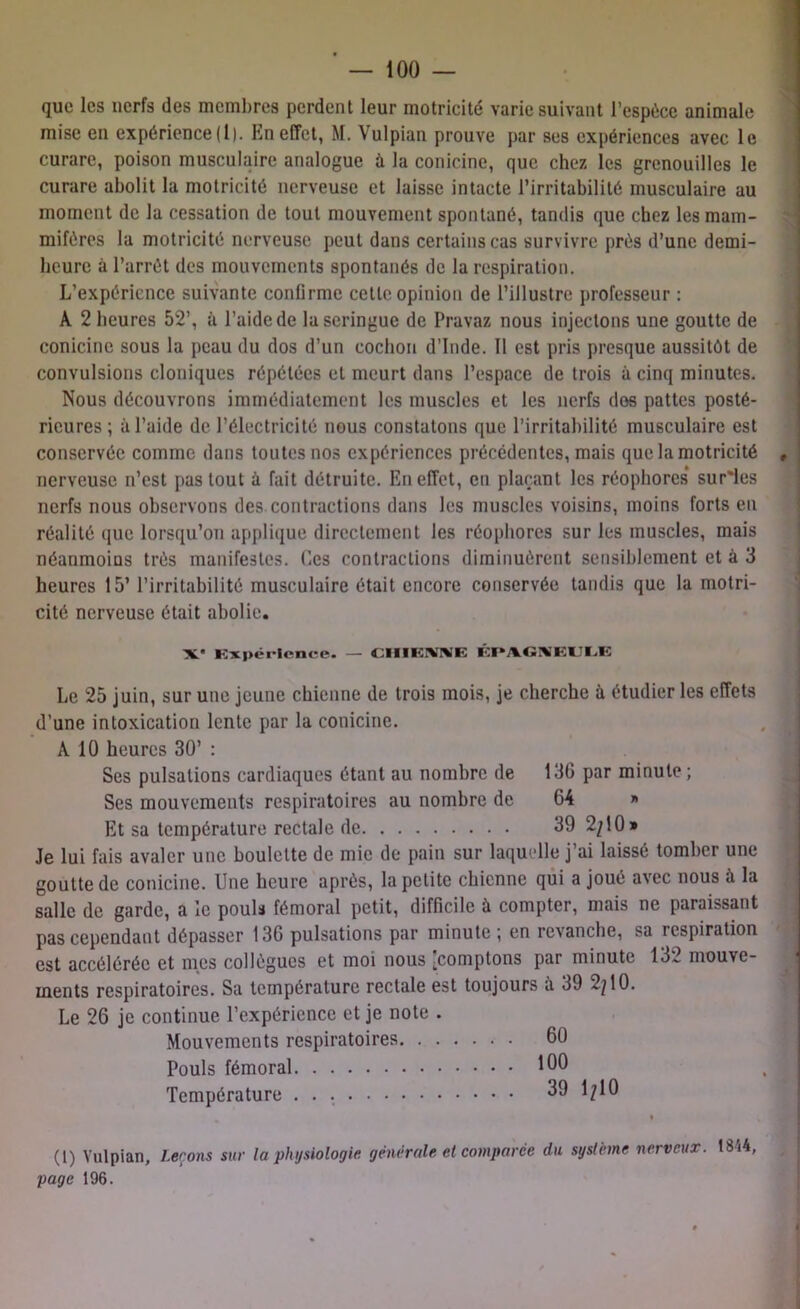 que les nerfs des membres perdent leur motricité varie suivant l’espèce animale mise en expérience (1). En effet, M. Vulpian prouve par ses expériences avec le curare, poison musculaire analogue à la conicine, que chez les grenouilles le curare abolit la motricité nerveuse et laisse intacte l’irritabilité musculaire au moment de la cessation de tout mouvement spontané, tandis que chez les mam- mifères la motricité nerveuse peut dans certains cas survivre près d’une demi- heure à l’arrêt des mouvements spontanés de la respiration. L’expérience suivante confirme cette opinion de l’illustre professeur : A 2 heures 52’, à l’aide de la seringue de Pravaz nous injectons une goutte de conicine sous la peau du dos d’un cochon d’Inde. Il est pris presque aussitôt de convulsions cloniques répétées et meurt dans l’espace de trois à cinq minutes. Nous découvrons immédiatement les muscles et les nerfs dos pattes posté- rieures ; à l’aide de l’électricité nous constatons que l’irritabilité musculaire est conservée comme dans toutes nos expériences précédentes, mais que la motricité nerveuse n’est pas tout à fait détruite. En effet, en plaçant les réophores suries nerfs nous observons des contractions dans les muscles voisins, moins forts eu réalité que lorsqu’on applique directement les réophores sur les muscles, mais néanmoins très manifestes. Ces contractions diminuèrent sensiblement et à 3 heures 15’ l’irritabilité musculaire était encore conservée tandis que la motri- cité nerveuse était abolie. X' Expérience. — CIIIEXIVE ÉPAGNEULE Le 25 juin, sur une jeune chienne de trois mois, je cherche à étudier les effets d’une intoxication lente par la conicine. A 10 heures 30’ : Ses pulsations cardiaques étant au nombre de 13G par minute; Ses mouvements respiratoires au nombre de 64 » Et sa température rectale de 39 2/10» Je lui fais avaler une boulette de mie de pain sur laquelle j’ai laissé tomber une goutte de conicine. Une heure après, la petite chienne qui a joué avec nous à la salle de garde, a le pouls fémoral petit, difficile à compter, mais ne paraissant pas cependant dépasser 136 pulsations par minute ; en revanche, sa respiration est accélérée et mes collègues et moi nous 'comptons par minute 132 mouve- ments respiratoires. Sa température rectale est toujours à 39 2^10. Le 26 je continue l’expérience et je note . Mouvements respiratoires 60 Pouls fémoral 100 Température 39 1/10 « (1) Vulpian, Leçons sur la physiologie générale et comparée du système nerveux. 1844, page 196.