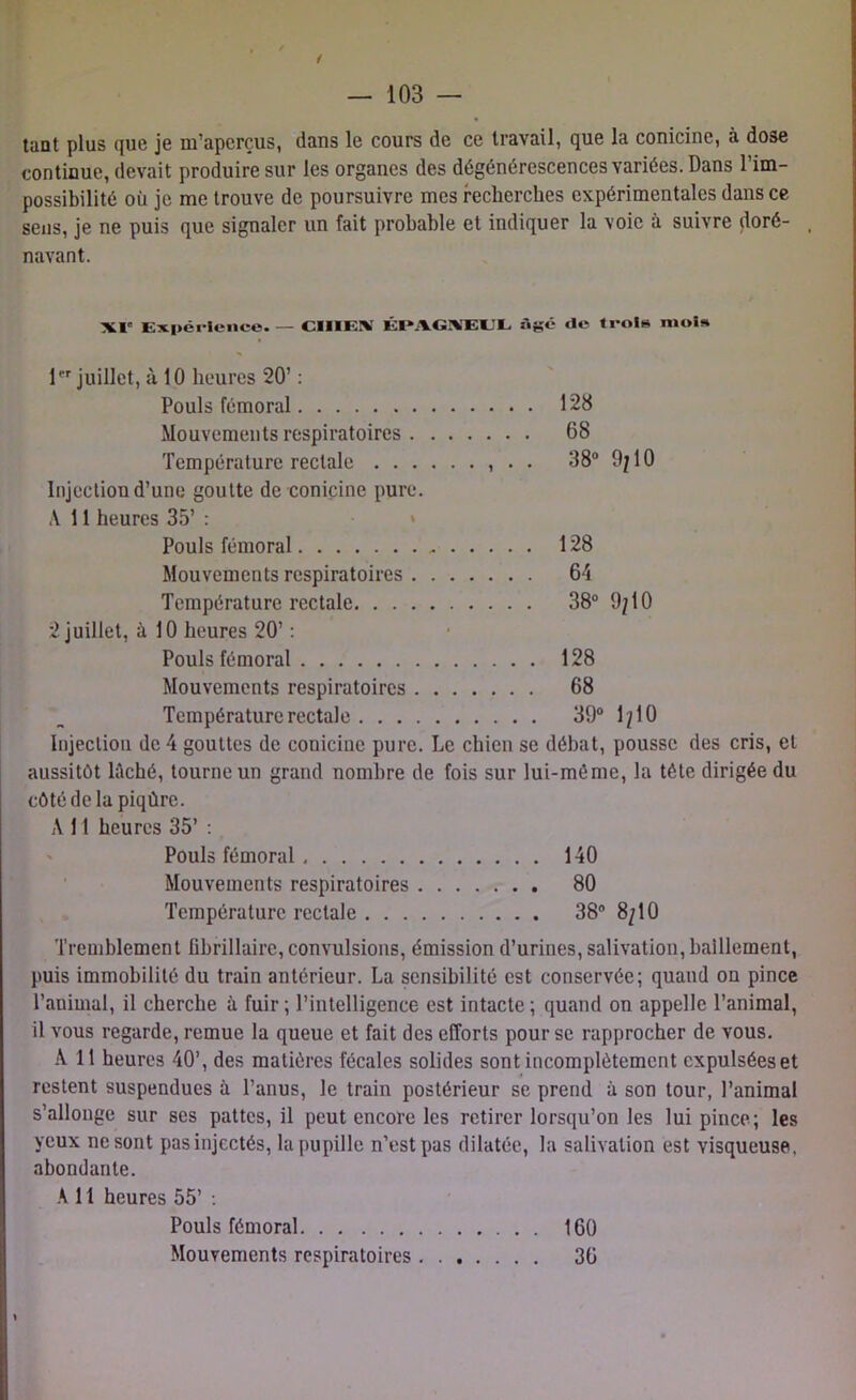 — 103 — tant plus que je m’aperçus, dans le cours de ce travail, que la conicine, à dose continue, devait produire sur les organes des dégénérescences variées. Dans l’im- possibilité où je me trouve de poursuivre mes recherches expérimentales dans ce sens, je ne puis que signaler un fait probable et indiquer la voie à suivre doré- , navant. XP Expérience. — CIIIE!VT ÉPiVGXEXJE âgé de trois» mol» 1er juillet, à 10 heures 20’ : Pouls fémoral 128 Mouvements respiratoires 68 Température rectale . . 38° 9; 10 Injection d’une goutte de conicine pure. A 11 heures 35’ : Pouls fémoral 128 Mouvements respiratoires 64 Température rectale 38° 9/10 2 juillet, à 10 heures 20’ : Pouls fémoral 128 Mouvements respiratoires 68 Température rectale 39° 1/10 Injection de 4 gouttes de conicine pure. Le chien se débat, pousse des cris, et aussitôt lâché, tourne un grand nombre de fois sur lui-méme, la tête dirigée du côté de la piqûre. A 11 heures 35’ : Pouls fémoral 140 Mouvements respiratoires 80 Température rectale 38° 8/10 Tremblement übrillaire, convulsions, émission d’urines, salivation, bâillement, puis immobilité du train antérieur. La sensibilité est conservée; quand on pince l’animal, il cherche à fuir ; l’intelligence est intacte ; quand on appelle l’animal, il vous regarde, remue la queue et fait des efforts pour se rapprocher de vous. A 11 heures 40’, des matières fécales solides sont incomplètement cxpulséeset restent suspendues à l’anus, le train postérieur se prend à son tour, l’animal s’allonge sur ses pattes, il peut encore les retirer lorsqu’on les lui pince; les yeux ne sont pas injectés, la pupille n’est pas dilatée, la salivation est visqueuse, abondante. A 11 heures 55’ : Pouls fémoral 160 Mouvements respiratoires 36