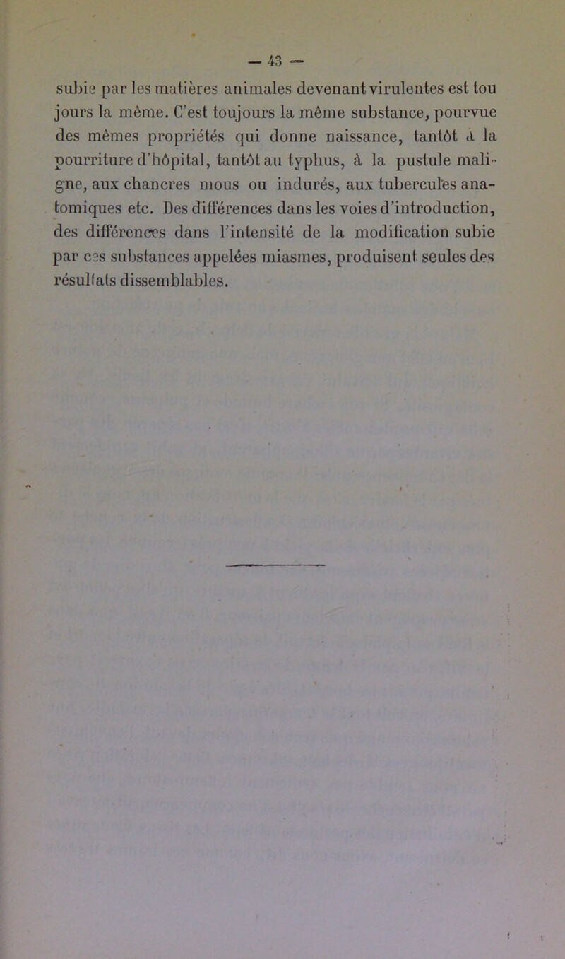 subie par les matières animales devenant virulentes est tou jours la même. C’est toujours la même substance, pourvue des mêmes propriétés qui donne naissance, tantôt a la pourriture d’hôpital, tantôt au typhus, à la pustule mali- gne, aux chancres mous ou indurés, aux tubercules ana- tomiques etc. Des ditférences dans les voies d’introduction, des différences dans l’intensité de la modification subie par ces substances appelées miasmes, produisent seules des résulfats dissemblables.