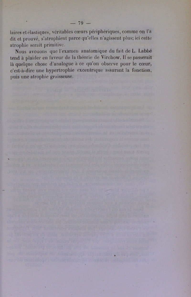 laii-es et élastiques, véritables cœurs périphériques, comme on l’a dit et prouvé, s’atrophient parce qu’elles n’agissent plus; ici celte atrophie serait primitive. Nous avouons (jue l’examen anatomique du fait de L. Labbé tend à plaider en laveur de la théorie de Virchow. 11 se passerait là quelque chose d’analogue à ce qu’on observe pour le cœur, c’est-à-dire une hypertrophie excentrique assurant la fonction, puis une atrophie graisseuse.