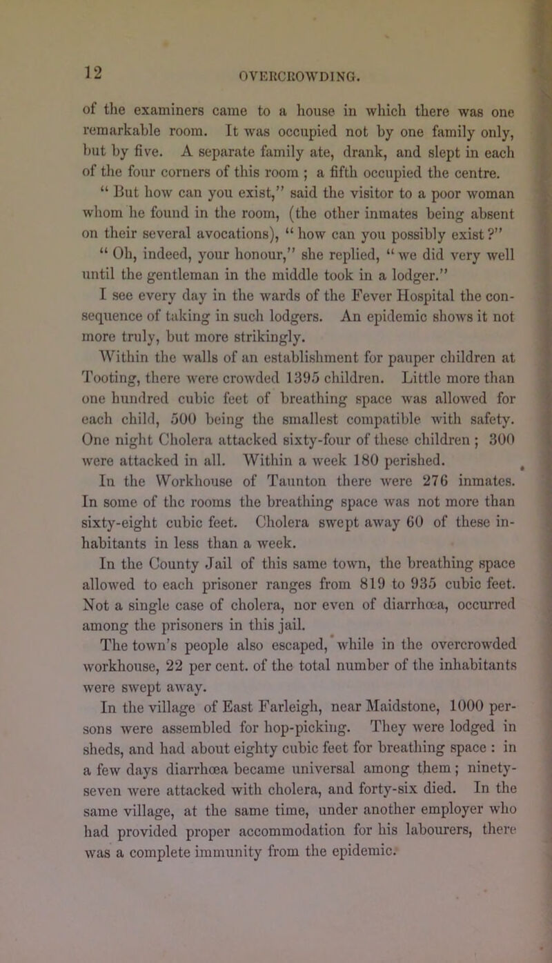 OVERCIIOWDING. of tlie examiners came to a house in which there was one reinarkahle room. It was occupied not by one family only, hut hy five. A separate family ate, drank, and slept in each of the four corners of this room ; a fifth occupied the centre. “ But how can you exist,” said the visitor to a poor woman whom he found in the room, (the other inmates being absent on their several avocations), “ how can you possibly exist ?” “ Oh, indeed, your honour,” she replied, “ we did very well until the gentleman in the middle took in a lodger.” I see every day in the wards of the Fever Hospital the con- sequence of taking in such lodgers. An epidemic shows it not more truly, but more strikingly. Within the walls of an establishment for pauper children at d'ooting, there were crowded 1395 children. Little more than one hundred cubic feet of breathing space was allowed for each child, 500 being the smallest compatible with safety. One night Cholera attacked sixty-four of these children ; 300 were attacked in all. Within a week 180 perished. In the Workhouse of Taunton there were 276 inmates. In some of the rooms the breathing space was not more than sixty-eight cubic feet. Cholera swept away 60 of these in- habitants in less than a week. In the County Jail of this same town, the breathing space allowed to each prisoner ranges from 819 to 935 cubic feet. Not a single case of cholera, uor even of diarrhoea, occurred among the prisoners in this jail. The town’s people also escaped, while in the overcrowded workhouse, 22 per cent, of the total number of the inhabitants were swept away. In the village of East Farleigh, near Maidstone, 1000 per- sons were assembled for hop-picking. They were lodged in sheds, and had about eighty cubic feet for breathing space : in a few days diarrhoea became universal among them; ninety- seven were attacked with cholera, and forty-six died. In the same village, at the same time, under another employer who had provided proper accommodation for his labourers, there was a complete immunity from the epidemic.