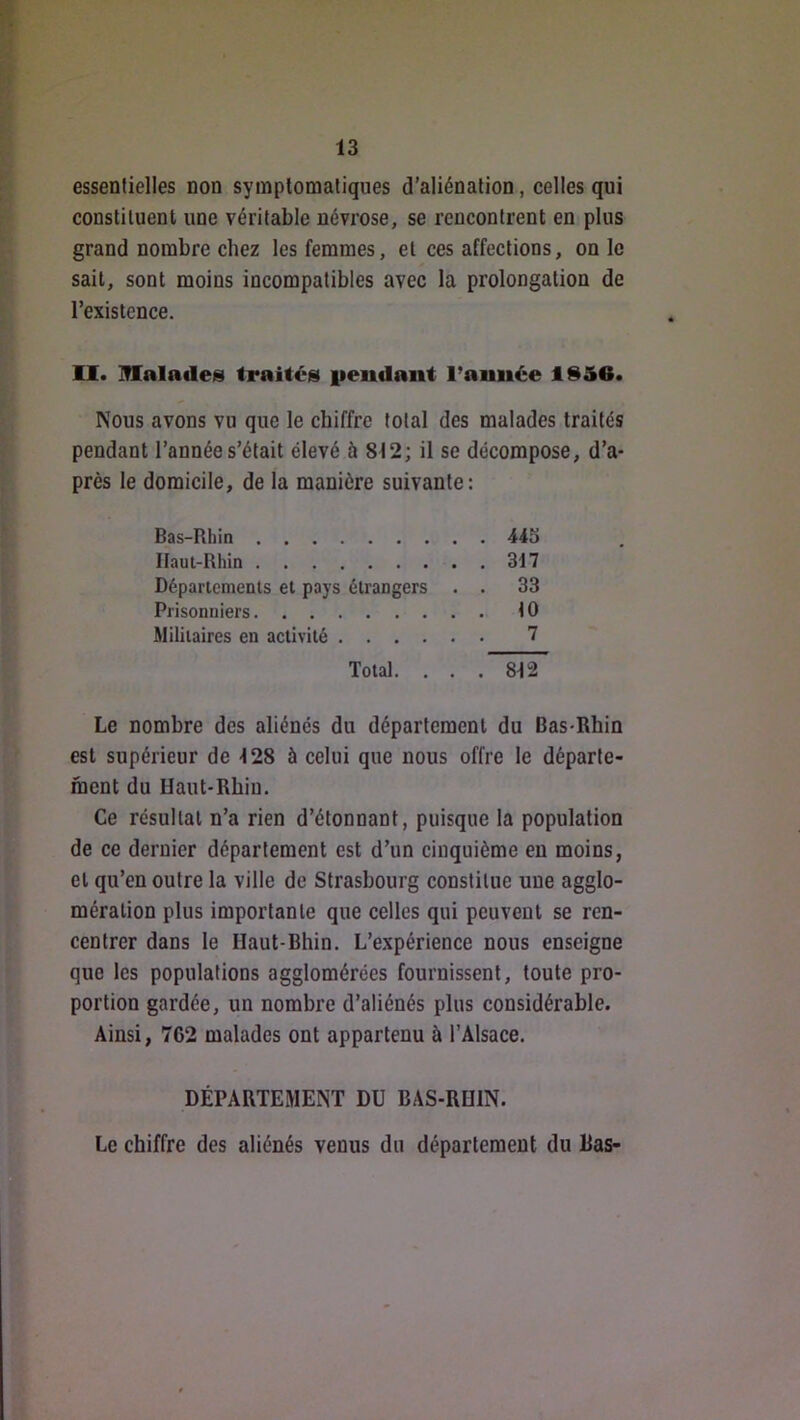 essentielles non symptomatiques d’aliénation, celles qui constituent une véritable névrose, se rencontrent en plus grand nombre chez les femmes, et ces affections, on le sait, sont moins incompatibles avec la prolongation de l’existence. II. Iflalatle» traité» lieudant l’auiiée iS56. Nous avons vu que le chiffre total des malades traités pendant l’année s’était élevé à 812; il se décompose, d’a- près le domicile, de la manière suivante: Bas-Rhin 445 Haut-Rhin 3f7 Départements et pays étrangers . . 33 Prisonniers tO Militaires en activité 7 Total. . . . 812 Le nombre des aliénés du département du Bas-Rhin est supérieur de 128 à celui que nous offre le départe- ment du Haut-Rhin. Ce résultat n’a rien d’étonnant, puisque la population de ce dernier département est d’un cinquième eu moins, et qu’en outre la ville de Strasbourg constitue une agglo- mération plus importante que celles qui peuvent se ren- cenlrer dans le Haut-Rhin. L’expérience nous enseigne que les populations agglomérées fournissent, toute pro- portion gardée, un nombre d’aliénés plus considérable. Ainsi, 762 malades ont appartenu à l’Alsace. DÉPARTEMENT DU BAS-RHIN. Le chiffre des aliénés venus du département du Ras-