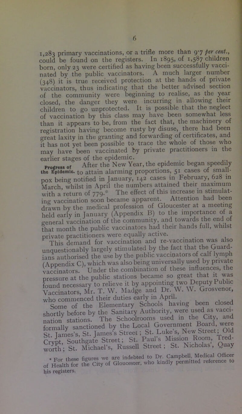 1,283 primary vaccinations, or a trifle more than 9^7 per cent., could be found on the registers. In 1895, of 1,587 children born, only 23 were certified as having been successfully vacci- nated by the public vaccinators. A much larger number (348) it is true received protection at the hands of private vaccinators, thus indicating that the better advised section of the community were beginning to realise, as the year closed, the danger they were incurring in allowing their children to go unprotected. It is possible that the neglect of vaccination by this class may have been somewhat less than it appears to be, from the fact that, the machinery of registration having become rusty by disuse, there had been great laxity in the granting and forwarding of certificates, and it has not yet been possible to trace the whole of those who may have been vaccinated by private practitioners in the earlier stages of the epidemic. Progress of After the New Year, the epidemic began speedily the Epidemic, to attain alarming proportions, 51 cases of small- pox being notified in January, 142 cases in February, 628 in March whilst in April the numbers attained their maximum with a’return of 779.* The effect of this increase in stimulat- ing vaccination soon became apparent. Attention had been drawn by the medical profession of Gloucester at a meeting held early in January (Appendix B) to the importance of a general vaccination of the community, and towards the end of that month the public vaccinators had their hands full, whilst private practitioners were equally active. This demand for vaccination and re-vaccination was also unquestionably largely stimulated by the fact that the Guard- ians authorised the use by the public vaccipators of calf lymph (Appendix C), which was also being universally used by private vaccinators. Under the combination of these influences, the pressure at the public stations became so great that it was found necessary to relieve it by appointing two Deputy 1 ublic Vaccinators, Mr. IV W. Madge and Dr. W. W. Grosvenor, who commenced their duties early 111 April. Some of the Elementary Schools having been closed shortly before by the Sanitary Authority, were used as vacci- nation stations. The Schoolrooms used in the City, and formally sanctioned by the Local Government Board were St. I allies’s, St. James’s Street; St. Luke s, New Street, Old Cr'vot Southgate Street; St. Paul’s Mission Room, red- worth’; St. Michael’s, Russell Street ; St. Nicholas, Quay * Fnr these figures we are indebted to Dr. Campbell, Medical Officer of Health for the City of Gloucester, who kindly permitted reference his registers.