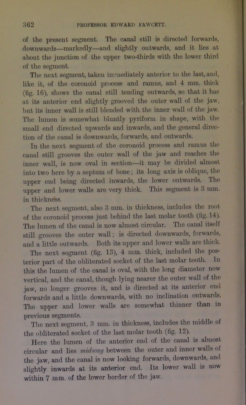 of the present segment. The canal still is directed forwards, downwards—markedly—and slightly outwards, and it lies at about the junction of the upper two-thirds with the lower third of the segment. Tlie next segment, taken immediately anterior to the last, and, like it, of the coronoid process and ramus, and 4 mm. thick (fig. 16), shows the canal still tending outwards, so that it has at its anterior end slightly grooved the outer wall of the jaw, hut its inner wall is still blended with the inner wall of the jaw. The lumen is somewhat bluntly pyriform in shape, with the small end directed upwards and inwards, and the general direc- tion of the canal is downwards, forwards, and outwards. Tn the next segment of the coronoid process and ramus the canal still grooves the outer wall of the jaw and reaches the inner wall, is now oval in section—it may be divided almost into two here by a septum of bone; its long axis is oblique, the upper end being directed inwards, the lower outwards. The upper and lower walls are very thick. This segment is 3 mm. in thickndss. The next segment, also 3 mm. in thickness, includes the root of the coronoid process just behmd the last molar tooth (fig. 14). The lumen of the canal is now almost circular. The canal itself still grooves the outer wall; is directed downwards, forwards, and a little outwards. Both its upper and lower walls are thick. The next segment (fig. 13), 4 mm. thick, included the pos- terior part of the obliterated socket of the last molar tooth. In this the lumen of the canal is oval, with the long diameter now vertical, and the canal, though lying nearer the outer wall of the jaw, no longer grooves it, and is directed at its anterior end forwards and a little downwards, with no incliruition outwards. The upper and lower walls are somewhat thinner than in previous segments. The next segment, 3 mm. in thickness, includes the middle of the obliterated socket of the last molar tooth (fig. 12). Here the lumen of the anterior end of the canal is almost circular and lies midway between the outer and inner walls of the jaw, and the canal is now looking forwards, downwards, and slightly inwards at its anterior end. Its lower wall is now within 7 mm. of the lower border of the jaw.