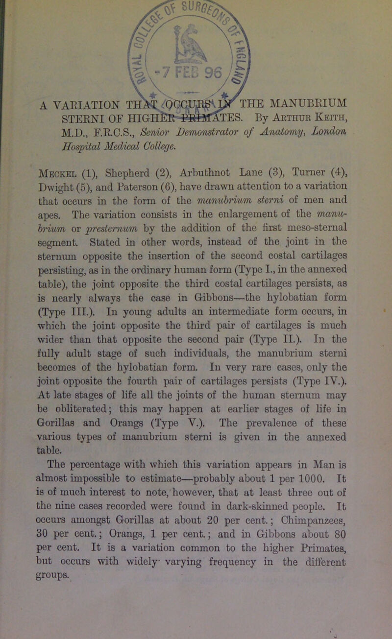 A VAEIATION THE MANUBRIUM STERNI OF HIGH^a^^S»^fl^TES. By Arthur Keith, M.D., F.E.C.S., Senior Demonstrator of Anatomy, London Hospital Medical College. Meckel (1), Shepherd (2), Arbuthnot Lane (3), Turner (4), Dwight (5), and Paterson (6), have drawn attention to a variation that occurs in the form of the manuh'ium sterni of men and apes. The variation consists in the enlargement of the manu- hmum or prestemum by the addition of the first meso-sternal segment. Stated in other words, instead of the joint in the sternmn opposite the insertion of the second costal cartilages persisting, as in the ordinary human form (Type L, in the annexed table), the joint opposite the third costal cartilages persists, as is nearly always the case in Gibbons—the hylobatian form (Type III.). In yoimg adults an intermediate form occurs, in which the joint opposite the third pair of cartilages is much wider than that opposite the second pair (Type II.). In the fully adult stage of such individuals, the manubrium sterni becomes of the hylobatian form. In very rare cases, only the joint opposite the fourth pair of cartilages persists (Type IV.). At late stages of life all the joints of the human sternum may be obliterated; this may happen at earlier stages of life in Gorillas and Orangs (Type V.). The prevalence of these various types of manubrium sterni is given in the annexed table. The percentage with which this variation appears in Man is almost impossible to estimate—probably about 1 per 1000. It is of much interest to note,'however, that at least three out of the nine cases recorded were found in dark-sMnned people. It occurs amongst Gorillas at about 20 per cent.; Chimpanzees, 30 per cent.; Orangs, 1 per cent.; and in Gibbons about 80 per cent. It is a variation common to the higher Primates, but occurs with widely varying frequency in the different groups.