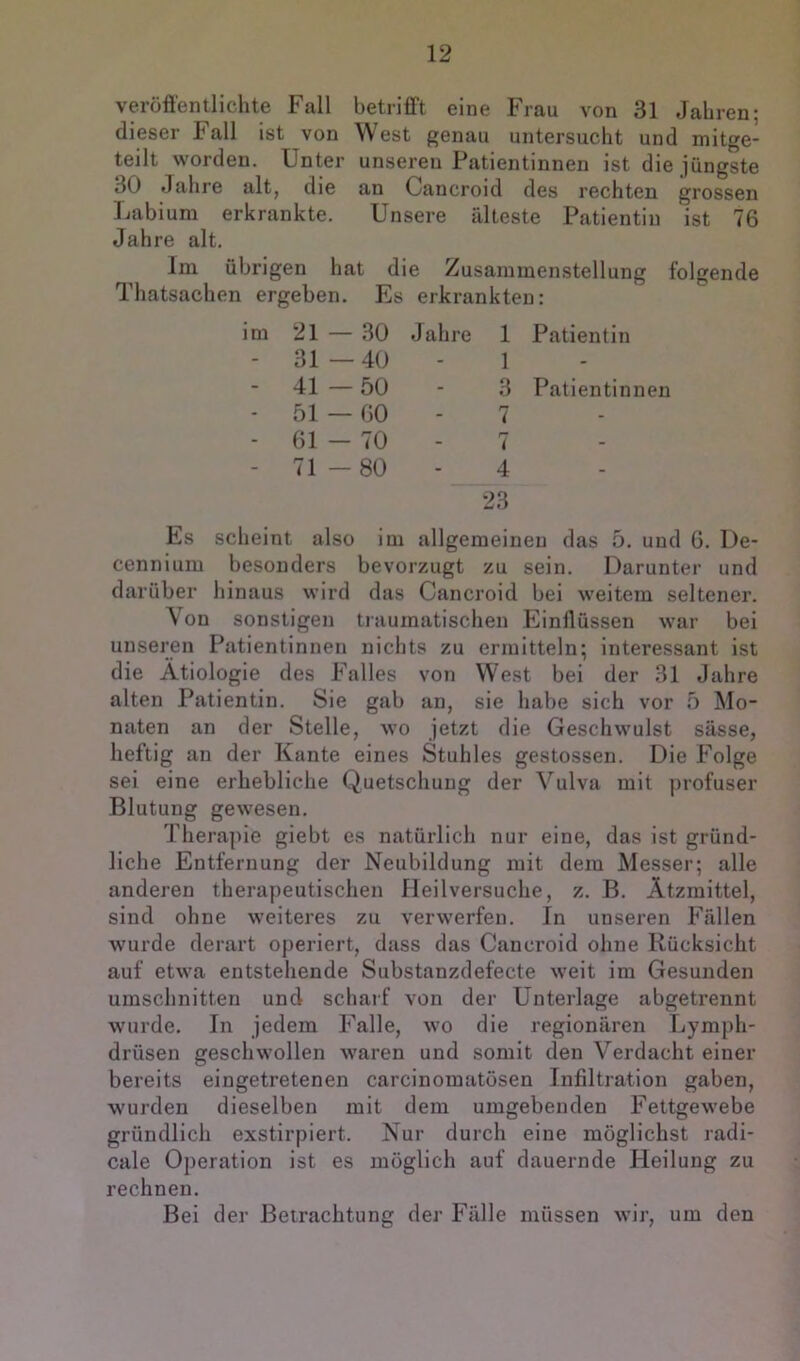 veröffentlichte Fall betrifft eine Frau von 31 Jahren; dieser Fall ist von West genau untersucht und mitge- teilt worden. Unter unseren Patientinnen ist die jüngste 30 Jahre alt, die an Cancroid des rechten grossen Labium erkrankte. Unsere älteste Patientin ist 76 Jahre alt. Im übrigen hat die Zusammenstellung folgende Thatsachen ergeben. Es erkrankten: im 21 — 30 Jahre 1 Patientin - 31 — 40 1 - 41 — 50 3 Patientinnen - 51 — 60 7 - 61 - 70 t - 71 - 80 4 •^3 Es scheint also im allgemeinen das 5. und 6. De- cennium besonders bevorzugt zu sein. Darunter und darüber hinaus wird das Cancroid bei weitem seltener. Von sonstigen traumatisclien Einflüssen war bei unseren Patientinnen nichts zu ermitteln; interessant ist die Ätiologie des Falles von West bei der 31 Jahre alten Patientin. Sie gab an, sie habe sich vor o Mo- naten an der Stelle, wo jetzt die Geschwulst sässe, heftig an der Kante eines Stuhles gestossen. Die Folge sei eine erhebliche Quetschung der Vulva mit profuser Blutung gewesen, Therapie giebt es natürlich nur eine, das ist gründ- liche Entfernung der Neubildung mit dem Messer; alle anderen therapeutischen Heilversuche, z. B. Ätzmittel, sind ohne weiteres zu verwerfen. In unseren Fällen wurde derart operiert, dass das Cancroid ohne Rücksicht auf etwa entstehende Substanzdefecte weit im Gesunden Umschnitten und schaif von der Unterlage abgetrennt wurde. In jedem Falle, wo die regionären Lymph- drüsen geschwollen waren und somit den Verdacht einer bereits eingetretenen carcinomatösen Infiltration gaben, wurden dieselben mit dem umgebenden Fettgewebe gründlich exstirpiert. Nur durch eine möglichst radi- cale Operation ist es möglich auf dauernde Heilung zu rechnen. Bei der Betrachtung der Fälle müssen wir, um den