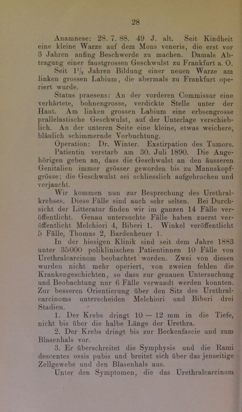 Anamnese: 28. 7. 88, 49 J. alt. Seit Kindheit eine kleine Warze auf dem Mons veneris, die erst vor 3 Jahren anfing Beschwerde zu machen. Damals Ab- tragung einer faustgrossen Geschwulst zu Frankfurt a. 0. Seit l‘/'j Jahren Bildung einer neuen Warze am linken grossen Labium, die abermals zu Frankfurt ope- riert wurde. Status j)raesens: Au der vorderen Commissur eine verhärtete, bohnengrosse, verdickte Stelle unter der Haut. Am linken grossen Labium eine erbsengrosse prallelastische Geschwulst, auf der Unterlage verschieb- lich. An der unteren Seite eine kleine, etwas weichere, bläulich schimmernde Vorbuchtuug. Operation: Dr. Winter. Exstirpation des Tumors. Patientin verstarb am 80. Juli 1890. Die Ange- hörigen geben an, dass die Geschwulst an den äusseren Genitalien immer grösser geworden bis zu Mannskopf- grösse; die Geschwulst sei schliesslich aufgebrochen und verjaucht. Wir kommen nun zur Besprechung des Urethral- krebses. Diese Fälle sind auch sehr selten. Bei Durch- sicht der Litteratur finden wir im ganzen 14 Fälle ver- öfleutlicht. Genau untersuchte Fälle haben zuerst ver- öffentlicht Melchior! 4, Biberi 1. Winkel veröffentlicht 5 Fälle, Thomas 2, Bardenheuer 1. In der hiesigen Klinik sind seit dem Jahre 1883 unter 35000 poliklinischen Patientinnen 10 Fälle von Urethralcarcinom beobachtet worden. Zwei von diesen wurden nicht mehr operiert, von zweien fehlen die Krankengeschichten, so dass zur genauen Untersuchung und Beobachtung nur 6 Fälle verwandt werden konnten. Zur besseren Orientierung über den Sitz des Urethral- carcinoms unterscheiden Melchior! und Biberi drei Stadien. 1. Der Krebs dringt 10 — 12 mm in die Tiefe, nicht bis über die halbe Länge der Urethra. 2. Der Krebs dringt bis zur Beckenfascie und zum Blasenhals vor. 3. Er überschreitet die Symphysis und die Kami descentes ossis pubis und breitet sich über das jenseitige Zellgewebe und den Blasenhals aus. Unter den Symptomen, die das Urethralcarcinom