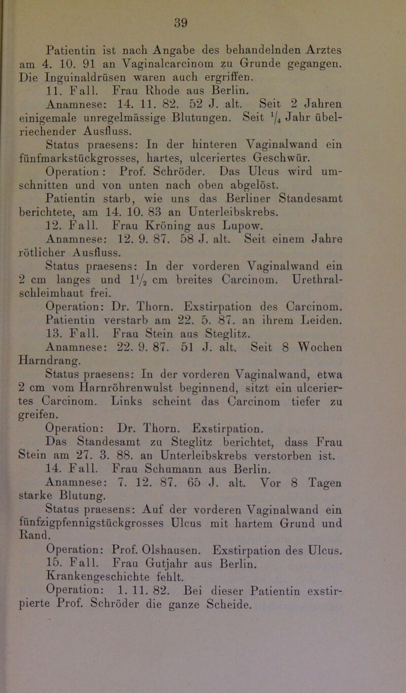 Patientin ist nach Angabe des behandelnden Arztes am 4. 10. 91 an Vaginalcarcinom zu Grunde gegangen. Die Inguinaldrüsen waren auch ergriffen. 11. Fall. Frau Rhode aus Berlin. Anamnese: 14. 11. 82. 52 J. alt. Seit 2 Jahren einigemale unregelmässige Blutungen. Seit Jahr übel- riechender Ausfluss. Status praesens: In der hinteren Vaginal wand ein fünfmarkstückgrosses, hartes, ulceriertes Geschwür. Operation : Prof. Schröder. Das Ulcus wird Um- schnitten und von unten nach oben abgelöst. Patientin starb, wie uns das Berliner Standesamt berichtete, am 14. 10. 83 an Unterleibskrebs. 12. Fall. Frau Kröning aus Lupow. Anamnese: 12. 9. 87. 58 J. alt. Seit einem Jahre rötlicher Ausfluss. Status praesens: In der vorderen Vaginal wand ein 2 cm langes und 1% cni breites Carcinom. Urethral- schleimhaut frei. Operation: Dr. Thorn. Exstirpation des Carcinom. Patientin verstarb am 22. 5. 87. an ihrem Leiden. 13. Fall. Frau Stein aus Steglitz. Anamnese: 22. 9. 87. 51 J. alt. Seit 8 Wochen Harndrang. Status praesens: In der vorderen Vaginal wand, etwa 2 cm vom Harnröhrenwulst beginnend, sitzt ein ulcerier- tes Carcinom. Links scheint das Carcinom tiefer zu greifen. Operation: Dr. Thorn. Exstirpation. Das Standesamt zu Steglitz berichtet, dass Frau Stein am 27. 3. 88. an Unterleibskrebs verstorben ist. 14. Fall. Frau Schumann aus Berlin. Anamnese: 7. 12. 87. 65 J. alt. Vor 8 Tagen starke Blutung. Status praesens: Auf der vorderen Vaginalwand ein fünfzigpfennigstückgrosses Ulcus mit hartem Grund und Rand. Operation: Prof. Olshausen. Exstirpation des Ulcus. 15. Fall. Frau Gutjahr aus Berlin. Krankengeschichte fehlt. Operation: 1.11. 82. Bei dieser Patientin exstir- pierte Prof. Schröder die ganze Scheide.