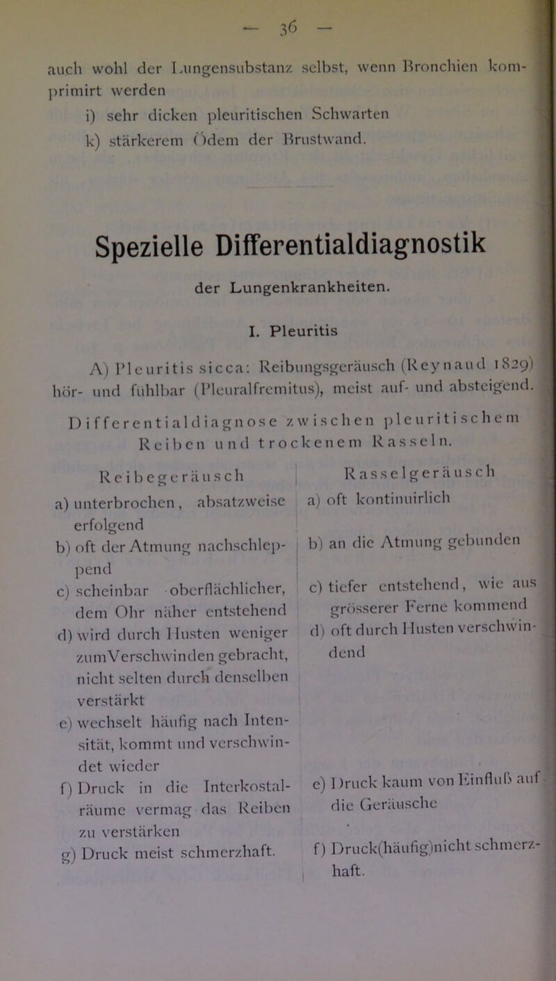 auch wohl der Lungensubstanz selbst, wenn Bronchien kom- primirt werden i) sehr dicken pleuritischen Schwarten k) stärkerem ()deni der Brustwand. 1 Spezielle Differentialdiagnostik der Lungenkrankheiten. I. Pleuritis A) Pleuritis sicca: Reibungsgeräusch (Reynaud 18291 hör- und fühlbar (Pleuralfremitus), meist auf- und absteigend. Differentialdiagnose zwischen pleuritischem Reiben und trockenem Rasseln. Reibegeräusch Rasselgeräusch a) unterbrochen , absatzweise a) oft kontinuirlich erfolgend b) oft der Atmung nachschlep- b) an die Atmung gebunden pend c) scheinbar oberflächlicher, c) tiefer entstehend, wie aus grösserer Perne kommend d) oft durch 1 lüsten verschwin- dend e) 1 )ruck kaum von Einfluß auf- die Geräusche f) Druck(häufig)nicht schmerz- haft. dem Ohr näher entstehend d) wird durch Husten weniger zumVerschwinden gebracht, nicht selten durch denselben verstärkt e) wechselt häufig nach Inten- sität, kommt und verschwin- det wieder f) Druck in die Interkostal- räume vermag das Reiben zu verstärken g) Druck meist schmerzhaft. ________