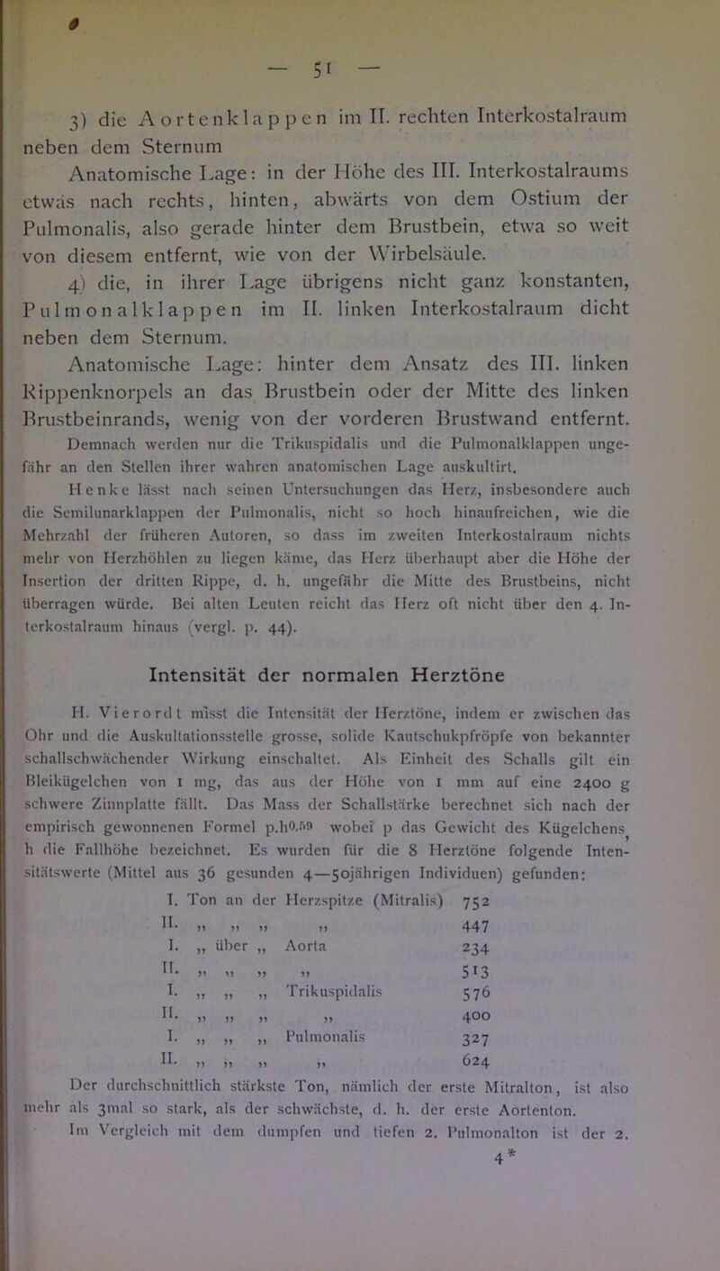 3) die Aortenklappen im II. rechten Interkostalraum neben dem Sternum Anatomische Lage: in der Höhe des III. Interkostalraums etwas nach rechts, hinten, abwärts von dem Ostium der Pulmonalis, also gerade hinter dem Brustbein, etwa so weit von diesem entfernt, wie von der Wirbelsäule. 4) die, in ihrer Lage übrigens nicht ganz konstanten, Pulmonalklappen im II. linken Interkostalraum dicht neben dem Sternum. Anatomische Lage: hinter dem Ansatz des III. linken Rippenknorpels an das Brustbein oder der Mitte des linken Brustbeinrands, wenig von der vorderen Brustwand entfernt. Demnach werden nur die Trikuspidalis und die Pulmonalklappen unge- fähr an den Stellen ihrer wahren anatomischen Lage auskultirt. Henke lässt nach seinen Untersuchungen das Herz, insbesondere auch die Semilunarklappen der Pulmonalis, nicht so hoch hinaufreichen, wie die Mehrzahl der früheren Autoren, so dass im zweiten Interkostalraum nichts mehr von Herzhöhlen zu liegen käme, das Herz überhaupt aber die Höhe der Insertion der dritten Rippe, d. h. ungefähr die Mitte des Brustbeins, nicht überragen würde. Bei alten Leuten reicht das Herz oft nicht über den 4. In- terkostalraum hinaus (vergl. p. 44). Intensität der normalen Herztöne H. Vierordt misst die Intensität der Herztöne, indem er zwischen das Ohr und die Auskultationsstelle grosse, solide Kautschukpfröpfe von bekannter schallschwächender Wirkung einschaltet. Als Einheit des Schalls gilt ein Bleikügelchen von 1 mg, das aus der Höhe von 1 mm auf eine 2400 g schwere Zinnplatte fällt. Das Mass der Schallstärke berechnet sich nach der empirisch gewonnenen Formel p.ho.sn wobei p das Gewicht des Kügelchens h die Fallhöhe bezeichnet. Es wurden für die S Herztöne folgende Tnten- sitätswerte (Mittel aus 36 gesunden 4—50jährigen Individuen) gefunden: I. Ton an der Herzspitze (Mitralis) 752 II. n >> 447 I. „ über n Aorta 234 II. >> 1» 5i3 I. »» 11 Trikuspidalis 576 II. n >» 400 I. >> >> >> Pulmonalis 327 II. n >> n 624 Der durchschnittlich stärkste Ton, nämlich der erste Mitralton, ist also mehr als 3mal so stark, als der schwächste, d. h. der erste Aortenton. Im Vergleich mit dem dumpfen und liefen 2. Pulmonalton ist der 2. 4*