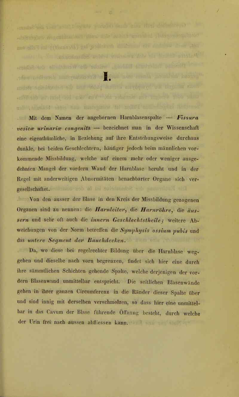 / Mit dem Namen der angebornen Harnblasenspalte — Fissura vesicce urinarice congenita — bezeichnet man in der M issenschaft eine eigenthiimliche, in Beziehung auf ihre Entstehungsweise durchaus dunkle, bei beiden Geschlechtern, häufiger jedoch beim männlichen vor- kommende Missbildung, welche auf einem mehr oder weniger ausge- dehnten Mangel der vordem Wand der Harnblase beruht und in der Regel mit anderweitigen Abnormitäten benachbarter Organe sich ver- gesellschaftet. Von den ausser der Blase in den Kreis der Missbildung gezogenen Organen sind zu nennen: die Harnleitetdie Harnröhre, die aus- sern und sehr oft auch die innern Geschlechtstheile/ weitere Ab- weichungen von der Norm betreffen die Sgtnphysis ossium jtubis und das untere Segment der liauclidccken. Da, wo diese bei regelrechter Bildung über die Harnblase Weg- gehen und dieselbe nach vorn begrenzen, findet sich hier eine durch ihre sämmtlichen Schichten gehende Spalte, welche derjenigen der vor- dem Blasenwand unmittelbar entspricht. Die seitlichen Blasenwände gehen in ihrer ganzen Circumferenz in die Ränder dieser Spalte über und sind innig mit derselben verschmolzen, so dass hier eine unmittel- bar in das Cavum der Blase führende Öffnung besteht, durch welche der Urin frei nach aussen abfliessen kann.