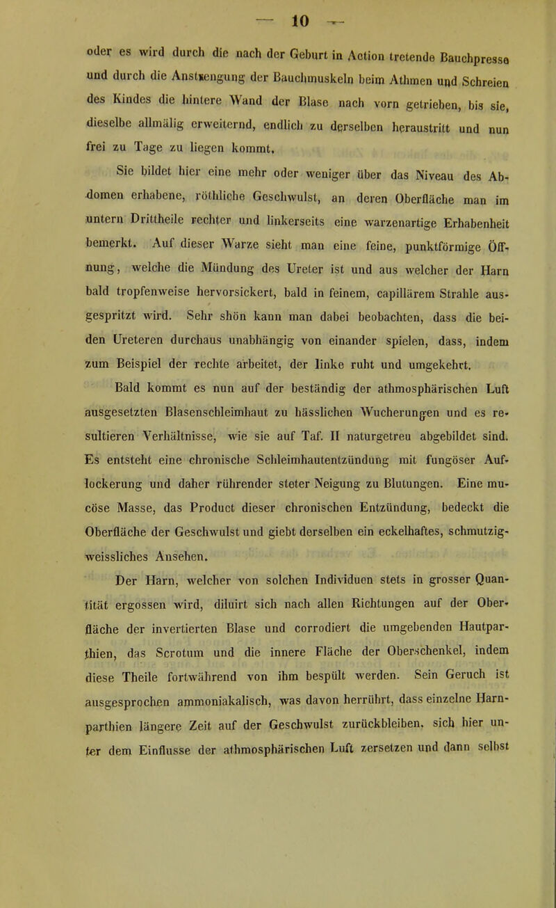 und durch die Anstrengung der Bauchmuskeln beim Athmen und Schreien des Kindes die hintere Wand der Blase nach vorn getrieben, bis sie, dieselbe aümälig erweiternd, endlich zu derselben heraustritt und nun frei zu Tage zu liegen kommt. Sie bildet hier eine mehr oder weniger über das Niveau des Ab- domen erhabene, röthliche Geschwulst, an deren Oberfläche man im untern Diittheilc rechter und linkerseits eine warzenartige Erhabenheit bemerkt. Auf dieser Warze sieht man eine feine, punktförmige Öff- nung, welche die Mündung des Ureter ist und aus welcher der Harn bald tropfenweise hervorsickert, bald in feinem, capillärem Strahle aus- gespritzt wird. Sehr shön kann man dabei beobachten, dass die bei- den Ureteren durchaus unabhängig von einander spielen, dass, indem zum Beispiel der rechte arbeitet, der linke ruht und umgekehrt. Bald kommt es nun auf der beständig der athmosphärischen Luft ausgesetzten Blasenschleimhaut zu hässlichen Wucherungen und es re- sultieren Verhältnisse, wie sie auf Taf. II naturgetreu abgebildet sind. Es entsteht eine chronische Schleimhautentzündung mit fungöser Auf- lockerung und daher rührender sieter Neigung zu Blutungen. Eine mu- cöse Masse, das Product dieser chronischen Entzündung, bedeckt die Oberfläche der Geschwulst und giebt derselben ein eckelhaftes, schmutzig- weissliches Ansehen. Der Harn, welcher von solchen Individuen stets in grosser Quan- tität ergossen wird, diluirt sich nach allen Richtungen auf der Ober- fläche der invertierten Blase und corrodiert die umgebenden Hautpar- thien, das Scrotum und die innere Fläche der Oberschenkel, indem diese Theile fortwährend von ihm bespült werden. Sein Geruch ist ausgesprochen ammoniakalisch, was davon herrührt, dass einzelne Ilarn- parthien längere Zeit auf der Geschwulst Zurückbleiben, sich hier un- ter dem Einflüsse der athmosphärischen Luft zersetzen und dann selbst