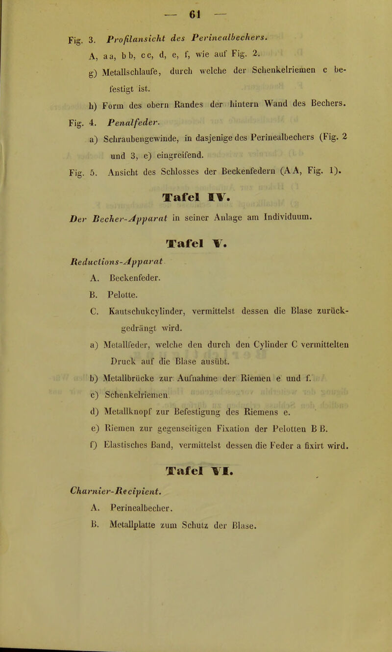 Fig. 3. Profilansicht des Perinealbechers. A, aa, bb, cc, d, e, f, wie auf Fig. 2. g) Metallschlaufe, durch welche der Schenkelriemen c be- festigt ist. h) Form des obern Randes der hintern Wand des Bechers. Fig. 4. Penalfeder. a) Schraubengewinde, in dasjenige des Perinealbechers (Fig. 2 und 3, e) eingreifend. Fig. 5. Ansicht des Schlosses der Beckenfedern (AA, Fig. 1). Tafel IV. Der Becher-Apparat in seiner Anlage am Individuum. Tafel V. Reductions-Apparat A. Beckenfeder. B. Pelotte. C. Kautschukcylinder, vermittelst dessen die Blase zurück- gedrängt wird. a) Metallfeder, welche den durch den Cylinder C vermittelten Druck auf die Blase ausübt. b) Metallbrücke zur Aufnahme der Riemen e und f. c) Schenkelriemen d) Metallknopf zur Befestigung des Riemens e. e) Riemen zur gegenseitigen Fixation der Pelotten B B. f) Elastisches Band, vermittelst dessen die Feder a fixirt wird. Tafel VI. Charnier-Re cipient. A. Perinealbecher. B. Metallplatte zum Schutz der Blase.
