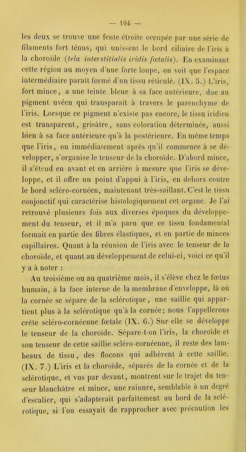 les deux se Irouve une feule éli-oile oecupée par une série de filaments fort ténus, qui unissent le bord ciliaire de l’iris à la choroïde {lela infersiitialis iriciis fœlalis). En examinant cette région au moyen d’une forte loupe, on voil que l’espace intermédiaire paraît formé d’un tissu réiiculé. (IX. 5.) L’iris, fort mince, a une leintc bleue à sa face antérieure, due au pigment uvéen qui transparaît à travers le parenchyme de l’iris. Lorsque ce pigment n’exisie pas encore, le tissu iridien est transparent, grisâtre, sans coloration déterminée, aussi bien à sa face antérieure qu’à la postérieure. En même temps que l’iris, ou immédiatement après qu’il commence à se dé- velopper, s’organise le tenseur de la choroïde. D’abord mince, il s’étend en avant et en arrière à mesure que l’iris se déve- loppe, et il offre un point d’appui à l’iris, en dehors contre le bord scléro-cornéen, maintenant très-saillant. C’est le tissu conjonctif qui caractérise histologiquement cet organe. Je l’ai retrouvé plusieurs fois aux diverses époques du développe- ment du tenseur, et il m’a paru que ce tissu fondamental formait en partie des fibres élastiques, et en partie de minces capillaires. Quant à la réunion de l’iris avec le tenseur de la choroïde, et quant au développement de celui-ci, voici ce qu’il y a à noter : Au troisième ou au quatrième mois, il s’élève chez le foetus humain, à la face interne de la membrane d’enveloppe, là où la cornée se sépare de la sclérotique, une saillie qui appar- tient plus à la sclérotique qu’à la cornée; nous l’appellerons crête seléro-cornéenne foetale (IX. 6.) Sur elle se développe le tenseur de la choroïde. Sépare-t-on l’iris, la choroïde et son tenseur de cette saillie scléro-cornéenne, il reste des lam- beaux de tissu, des flocons qui adhèrent à cette saillie. (IX. 7.) L’iris et la choroïde, séparés de la cornée et de la sclérotique, et vus par devant, montrent sur le trajet du ten- seur blanchâtre et mince, une rainure, semblable à un degré d’escalier, qui s’adapterait parfaitement au bord de la sclé- rotique, si l’on essayait de rapprocher avec précaution les