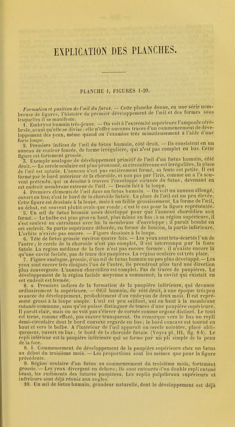 EXPLICATION DES PLANCHES. PLANCHE I, FIGURES 1-20. Formation cl briMise lie ligiir lesquelles il se 1. Embryon brille, avant qu loppement des forte loupe. 2. Premiers anneau de coul ! position de Vieil du fœtus. — Cette planche donne, en une série nom- \-es, riiisloire du premier développement de l’œil et des formes sous manifeste. . , , . ,, , j. ■ buinain très-jeune. — On voit il l’extrémite supérieure 1 ampoulecéi e- ’ellese divise : elle n’oITre aucunes traces d’un commencemenl dedéve- yeux, même quand on l’examine très minutieusement à 1 aide d une indices de l’œil du fœtus humain, côté droit. — Ils consistent en un eur foncée, de forme irrégulière, qui u’esl pas complet en bas. Cette figure est fortement grossie. , . , ■ 3. Exemple analogue de dévelojipement primitif de I œil d un fœtus humain, côté droit.— Le cercle oculaire est plus prononcé, sa circonférence est irrégulière, la place de l’œil est aplatie. L’anneau n’est pas enlièrenient fermé, sa fente est petite. Il est formé par le bord antérieur de la eboroïde, et non pas par l’iris, comme on a 1 a sou- vent prétendu, qui se dessine à travers l’enveloppe cutanée du fœtus, devenant en cet endroit membrane externe de l’œil. — Dessin fail ù la loupe. 4. l^remlers élementsde l’œil dans un fœtus humain. — Onvoitun anneau allonge, ouvert en bas; c’est le bord de la eboroïde fœtale. La place de l’œil est un peu élevée. Cette figure est dessinée à la loupe, mais à un faible grossissement, La forme de l’œil, au début, est souvent plutôt ovale que ronde ; c'est le cas pour la ligure représentée. 3. Un œil de fœtus humain assez développé pour que ranneaii choroïdien soit fermé.- Le bulbe est plus gros en haut, plus mince en bas ; à sa région supérieure, il s’est soulevé en cnlrainanl avec lui la membrane d’enveloppe ; il parait bombé en cet endroit. Sa partie supérieure déborde, eu forme de bouton, la partie inférieure. L’orbite n’existe pas encore. — Figure dessinée à la loupe. 6. Tète de fœtus grossie environ quatre fois. — Les yeux sont Irès-écartés l’un de l’autre; le eercle de''la eboroïde n’est pas complet, il est interrompu par la fente fœtale. La région médiane de la face n’est pas encore formée ; il n'existe encore là qu’une cavité faciale, pas de trace des paujiièrcs. La région oculaire est très plate. 7. Figure analogue,grossie, d'un œil de fœtus bumain un peu plus développé.— Les yeux sont encore très éloignés l’un de l’autre, ils prendront plus tard une direction plus convergente. L’anneau choro'idien est complet. Pas de traces de paujiières. Le développement de la région faciale moyenne a commencé; la cavité qui existait en cet endroit est fermée. 8. a. Premiers indices de la formation de la paupière inférieure, qui devance ordinairement la supérieure. —OEil humain, du côté ilroil, à une époque trèspeii avancée du développement, probablement d’un embryon de deux mois. Il est repré- senté grossi à la loupe simple. L’œil est peu saillant, uni en haut à la membrane cutanée commune, sans qu’on puisse distinguer de traces d'une paupière supérieure. Il paraît clair, mais on ne voit pas s’élever de cornée comme organe distinct. Le tout est terne, comme effacé, pas encore transparent. On remarque vers le bas un repli demi-circulaire dont le bord convexe regarde en bas; le bord concave est tourné en haut et vers le bulbe. A rintérieur de l’œil apparaît un cercle noirâtre, placé obli- quement, ouvert en bas ; le bord de la choroïde fœtale. (Voyez pl. III, fig. 8 6). Le repli inférieur est la paupière inférieure qui se forme par un pli simple de la peau de la face. 8. 6. Commencement du développement de la paupière supérieure chez un fœtus au début du troisième mois. —Les proportions sont les mêmes que pour la figure précédente. 9. Ilégion oculaire d’un fœtus au commencement du troisième mois, fortement grossie. — Les yeux divergent en dehors; ils sont entourés d’un double repli cutané béant, les rudiments des futures paupières. Les replis palpébraux supérieurs et inférieurs sont déjà réunis aux angles. 10. Un œil de fœtus humain, grandeur naturelle, dont le développement est déjà