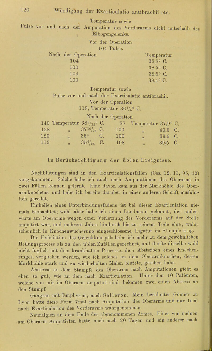 Temperatur sowie Pulse vor und nach der Amputation des Vorderarms dicht unterhalb des Eibogengelenks. Vor der Operation 104 Pulse. Nach der Operation 104 100 104 100 Temperatur 38,8° C. 38,5° C. 38,50 C. 38,4« c. Temperatur sowie Pulse vor und nach der Exarticulatio antibrachii. Vor der Operation 118, Temperatur 36Y&0 C. Nach der Operation 140 Temperatur 389/25° C. 88 Temperatur 37,9° C. 128 55 37ie/25 C. 100 55 40,6 C. 120 55 36° C. 100 55 39,5 C. 113 55 356/25 C. 108 55 39,5 C. In Berücksi chtigung der üb 1 en Ereignisse. Nachblutungen sind in den Exarticulationsfällen (Gas. 12, 13, 95, 42) vorgekommen. Solche habe ich auch nach Amputationen des Oberarms in zwei Fällen kennen gelernt. Eine davon kam aus der Markhöhle des Ober- armknochens, und habe ich bereits darüber in einer anderen Schrift ausführ- lich geredet. Einheilen eines Unterbindungsfadens ist bei dieser Exarticulation nie- mals beobachtet; wohl aber habe ich einen Landmann gekannt, der ander- wärts am Oberarme wegen einer Verletzung des Vorderarms auf der Stelle amputirt war, und mehrere Jahre hindurch bis zu seinem Tode eine, wahr- scheinlich in Knochenwucherung eingeschlossene, Ligatur im Stumpfe trug. Die Exfoliation des Gelenkknorpels habe ich mehr zu dem gewöhnlichen Heilungsprocess als zu den üblen Zufällen gerechnet, und dürfte dieselbe wohl 'nicht füglich mit dem krankhaften Processe, dem Absterben eines Knochen- ringes, verglichen werden, wie ich solches an dem Oberarmknochen, dessen Markhöhle stark und zu wiederholten Malen blutete, gesehen habe. Abscesse an dem Stumpfe des Oberarms nach Amputationen giebt es eben so gut, wie an dem nach Exarticulation. Unter den 10 Patienten, welche von mir im Oberarm amputirt sind, bekamen zwei einen Ahscess an den Stumpf. Gangrän mit Emphysem, nach Salleron. Mein berühmter Gönner zu Lyon hatte diese Form 7mal nach Amputation des Oberarms und nur lmal nach Exarticulation des Vorderarms wahrgenommen. Neuralgien an dem Ende des abgenommenen Armes. Einer von meinen am Oberarm Amputirten hatte noch nach 20 Tagen und ein anderer nach