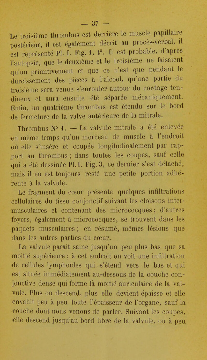 Le troisième thrombus est derrière le muscle papillaire postérieur, il est également décrit au procès-verbal, il est représenté PI. I. Fig. 1, t3. Il est probable, d’après l’autopsie, que le deuxième et le troisième ne taisaient qu’un primitivement et que ce n’est que pendant le durcissement des pièces à l’alcool, qu’une partie du troisième sera venue s’enrouler autour du cordage ten- dineux et aura ensuite été séparée mécaniquement. Enfin, un quatrième thrombus est étendu sur le bord de fermeture de la valve antérieure de la mitrale. Thrombus N° 1. — La valvule mitrale a été enlevée en même temps qu’un morceau de muscle à l’endroit où elle s’insère et coupée longitudinalement par rap- port au thrombus ; dans toutes les coupes, sauf celle qui a été dessinée PL I. Fig. 3, ce dernier s’est détaché, mais il en est toujours resté une petite portion adhé- rente à la valvule. Le fragment du cœur présente quelques infiltrations cellulaires du tissu conjonctif suivant les cloisons inter- musculaires et contenant des micrococques ; d’autres foyers, également à micrococques, se trouvent dans les paquets musculaires ; en résumé, mêmes lésions que dans les autres parties du cœur. La valvule paraît saine jusqu’un peu plus bas que sa moitié supérieure ; à cet endroit on voit une infiltration de cellules lymphoïdes qui s’étend vers le bas et qui est située immédiatement au-dessous de la couche con- jonctive dense qui forme la moitié auriculaire de la val- vule. Plus on descend, plus elle devient épaisse et elle envahit peu à peu toute l’épaisseur de l’organe, sauf la couche dont nous venons de parler. Suivant les coupes, elle descend jusqu’au bord libre de la valvule, ou à peu