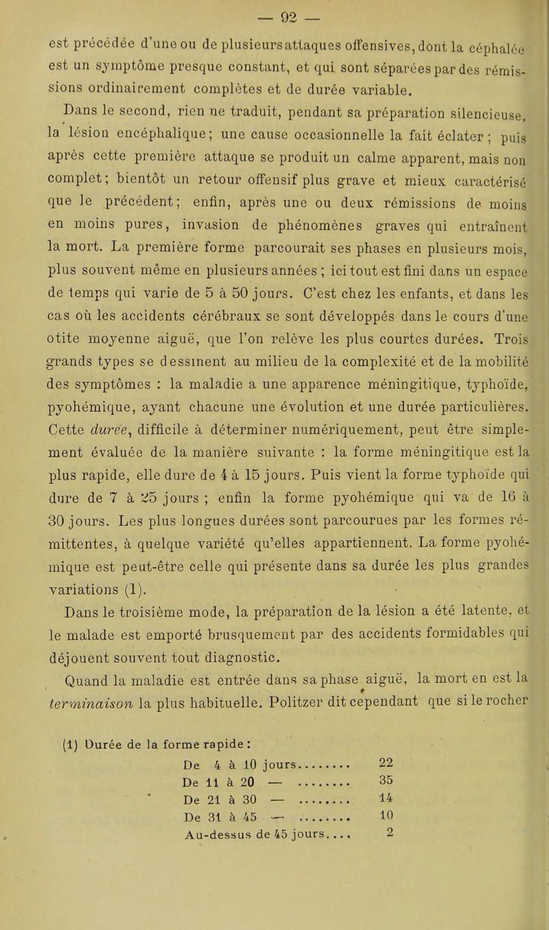 est précédée d’une ou de plusieursattaques offensives, dont la céphalée est un symptôme presque constant, et qui sont séparées par des rémis- sions ordinairement complètes et de durée variable. Dans le second, rien ne traduit, pendant sa préparation silencieuse, la lésion encéphalique; une cause occasionnelle la fait éclater; puis après cette première attaque se produit un calme apparent, mais non complet; bientôt un retour offensif plus grave et mieux caractérisé que le précédent; enfin, après une ou deux rémissions de moins en moins pures, invasion de phénomènes graves qui entraînent la mort. La première forme parcourait ses phases en plusieurs mois, plus souvent même en plusieurs années ; ici tout est fini dans un espace de temps qui varie de 5 à 50 jours. C’est chez les enfants, et dans les cas où les accidents cérébraux se sont développés dans le cours d’une otite moj’’enne aiguë, que l’on relève les plus courtes durées. Trois grands types se dessinent au milieu de la complexité et de la mobilité des symptômes : la maladie a une apparence méningitique, tj’^phoïde, pyohémique, ayant chacune une évolution et une durée particulières. Cette duree, difficile à déterminer numériquement, peut être simple- ment évaluée de la manière suivante : la forme méningitique est la plus rapide, elle dure de 4 à 15 jours. Puis vient la forme typhoïde qui dure de 7 à 25 jours ; enfin la forme pyohémique qui va de 16 à 30 jours. Les plus longues durées sont parcourues par les formes ré- mittentes, à quelque variété qu’elles appartiennent. La forme pyohé- mique est peut-être celle qui présente dans sa durée les plus grandes variations (1). Dans le troisième mode, la préparation de la lésion a été latente, et le malade est emporté brusquement par des accidents formidables qui déjouent souvent tout diagnostic. Quand la maladie est entrée dans sa phase aiguë, la mort en est la f terminaison la plus habituelle, Politzer dit cependant que si le rocher (1) Durée de la forme rapide : De 4 à 10 jours 22 De 11 à 20 — 35 De 21 à 30 — 14 De 31 à 45 •— 10 Au -dessi JS de 45 jours.... 2