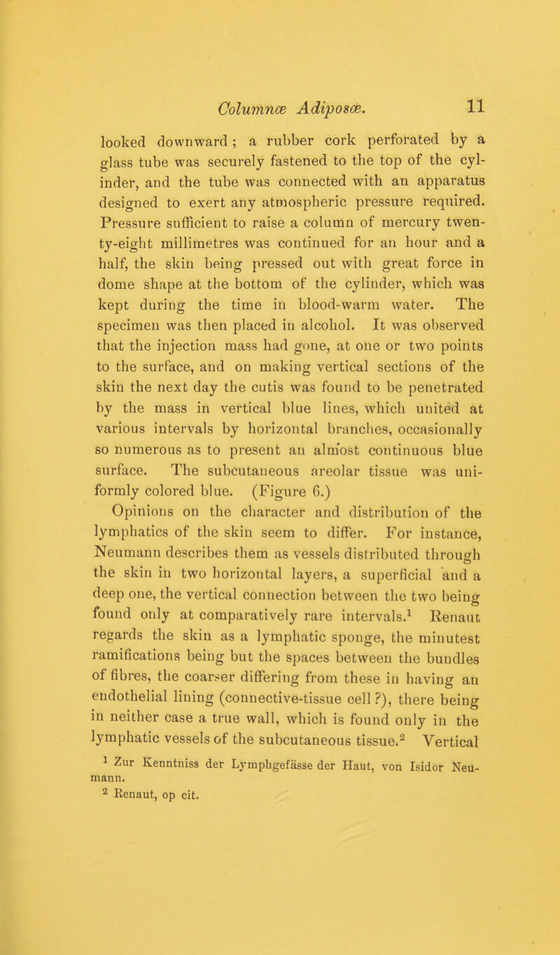 looked downward; a rubber cork perforated by a glass tube was securely fastened to the top of the cyl- inder, and the tube was connected with an apparatus designed to exert any atmospheric pressure required. Pressure sufficient to raise a column of mercury twen- ty-eight millimetres was continued for an hour and a half, the skin being pressed out with great force in dome shape at the bottom of the cylinder, which was kept during the time in blood-warm water. The specimen was then placed in alcohol. It was observed that the injection mass had gone, at one or two points to the surface, and on making vertical sections of the skin the next day the cutis was found to be penetrated by the mass in vertical blue lines, which united at various intervals by horizontal branches, occasionally so numerous as to present an alm’ost continuous blue surface. The subcutaneous areolar tissue was uni- formly colored blue. (Figure 6.) Opinions on the character and distribution of the lymphatics of the skin seem to differ. For instance, Neumann describes them as vessels distributed throueh the skin in two horizontal layers, a superficial and a deep one, the vertical connection between the two being found only at comparatively rare intervals.^ Renaut regards the skin as a lymphatic sponge, the minutest ramifications being but tbe spaces between the bundles of fibres, the coarser differing from these in having an endothelial lining (connective-tissue cell ?), there being in neither case a true wall, which is found only in the lymphatic vessels of the subcutaneous tissue.^ Vertical 1 Zur Kenntniss der Lymphgefasse der Haut, von Isidor Neu- mann. ^ Renaut, op cit.