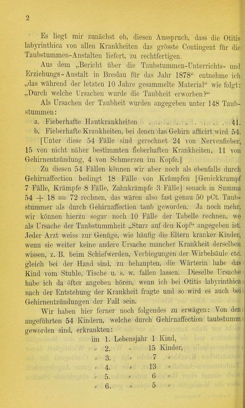 Es liegt mir zunächst ob, diesen Aiissprucli, dass die Otitis labyrintliica von allen Krankheiten das grösste Contingent für die Taubstummen-Anstalten liefert, zu rechtfertigen. Aus dem „Bericht über die Taubstummen-Ünterrichts- und Erziehimgs-Anstalt in Breslau für das dalir 1878“ entnehme icli „das während der letzten 10 Jahre gesammelte Material“ wie folgt: „Durch welche Ursachen wurde die Taubheit erworben?“ Als Ursachen der Taubheit wurden angegeben unter 148 Taub- stummen : a. Fieberhafte Hautkrankheiten 4L b. Fieberhafte Krankheiten, bei denen das Gehirn afficirt mrd 54. [Unter diese 54 Fälle sind gerechnet 24 von Nervenfiel)er, 15 von nicht näher bestimmten fieberhaften Krankheiten, 11 von Gehirnentzündung, 4 von Schmerzen im Kopfe.] Zu diesen 54 Fällen können w aber noch als ebenfalls durch Gehirnaffection bedingt 18 Fälle von Krämpfen [Genickki-ampf 7 Fälle, Krämpfe 8 Fälle, Zahnkrämpfe 3 Fälle] sonach in Summa 54 -|- 18 =•• 72 rechnen, das wären also fast genau 50 pCt. Taub- stummer als durch Gehii-naffection taub geworden. Ja noch mehr, wir können hierzu sogar noch 10 Fähe der Tabelle rechnen, wo als Ursache der Taubstummheit „Stm-z auf den Kopf“ angegeben ist. Jeder Arzt weiss zur Genüge, wie häufig die Eltern kranker Kinder, wenn sie weiter kerne andere Ursache mancher Krankheit derselben wissen, z. B. beim Schiefwerden, Verbiegungen der Wirbelsäule etc.. gleich bei der Hand sind, zu behaupten, ■ die Wärterin habe das ^ lünd vom Stuhle, Tische u. s. w. fallen lassen. Dieselbe Ursache habe ich da öfter angeben hören, wenn ich bei Otitis lab)a-intbica t nach der Entstehung der Krankheit fragte und so wird es auch bei i Gehirnentzündungen der Fall sein. Wir haben hier ferner noch folgendes zu erwägen: Von den: ano’eführten 54 Kindern, welche durch Gehh'uaffectiou taubstumm; ö geworden sind, erkrankten: im 1. Lebensjahr 1 Kind, s 2. 15 lünder, .3. =» 7 ^ .4. = 13 - .5. - 0 - s= 6. 5= 5 ^