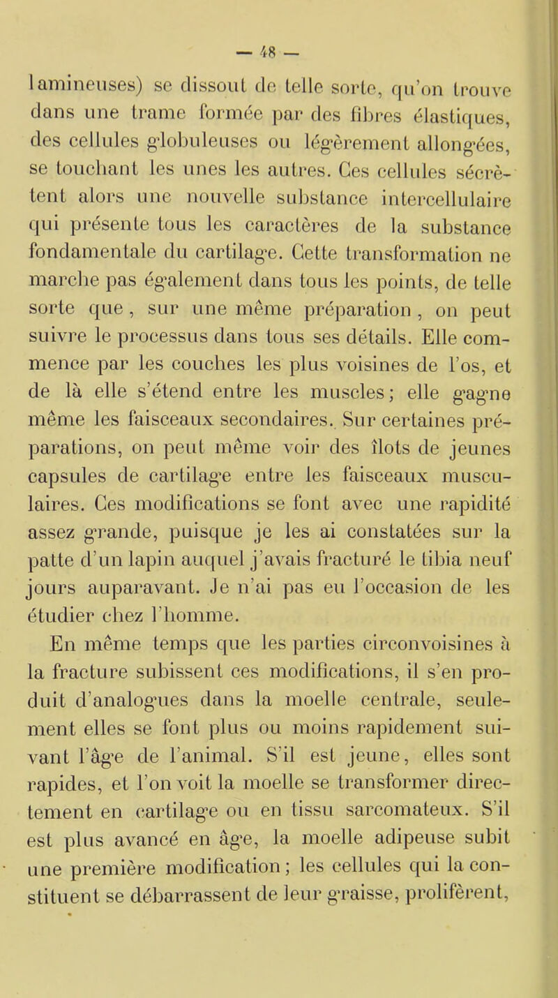 lamineiises) se dissout de telle sorte, qu’on trouve dans une trame formée par des fibres élastiques, des eellules gdobuleuses ou lég-èrement allong’ées, se touebant les unes les autres. Ces cellules sécrè- tent alors une nouvelle substance intcrcellulaire qui présente tous les caractères de la substance fondamentale du cartilag^e. Cette transformation ne marelle pas ég’alement dans tous les points, de telle sorte que , sur une même préparation , on peut suivre le processus dans tous ses détails. Elle com- mence par les couches les plus voisines de l’os, et de là elle s’étend entre les muscles; elle g’ag’ne même les faisceaux secondaires. Sur certaines pré- parations, on peut même voir des îlots de jeunes capsules de cartilag^e entre les faisceaux muscu- laires. Ces modifications se font avec une rapidité assez grande, puisque je les ai constatées sur la patte d’un lapin auquel j’avais fracturé le tibia neuf jours auparavant. Je n’ai pas eu l’occasion de les étudier chez l’homme. En même temps que les parties circonvoisines à la fracture subissent ces modifications, il s’en pro- duit d’analogaies dans la moelle centrale, seule- ment elles se font plus ou moins rapidement sui- vant l’âg’e de l’animal. S’il est jeune, elles sont rapides, et l’on voit la moelle se transformer direc- tement en cartilag^e ou en tissu sarcomateux. S’il est plus avancé en âg’e, la moelle adipeuse subit une première modification ; les cellules qui la con- stituent se débarrassent de leur g’raisse, prolifèrent,
