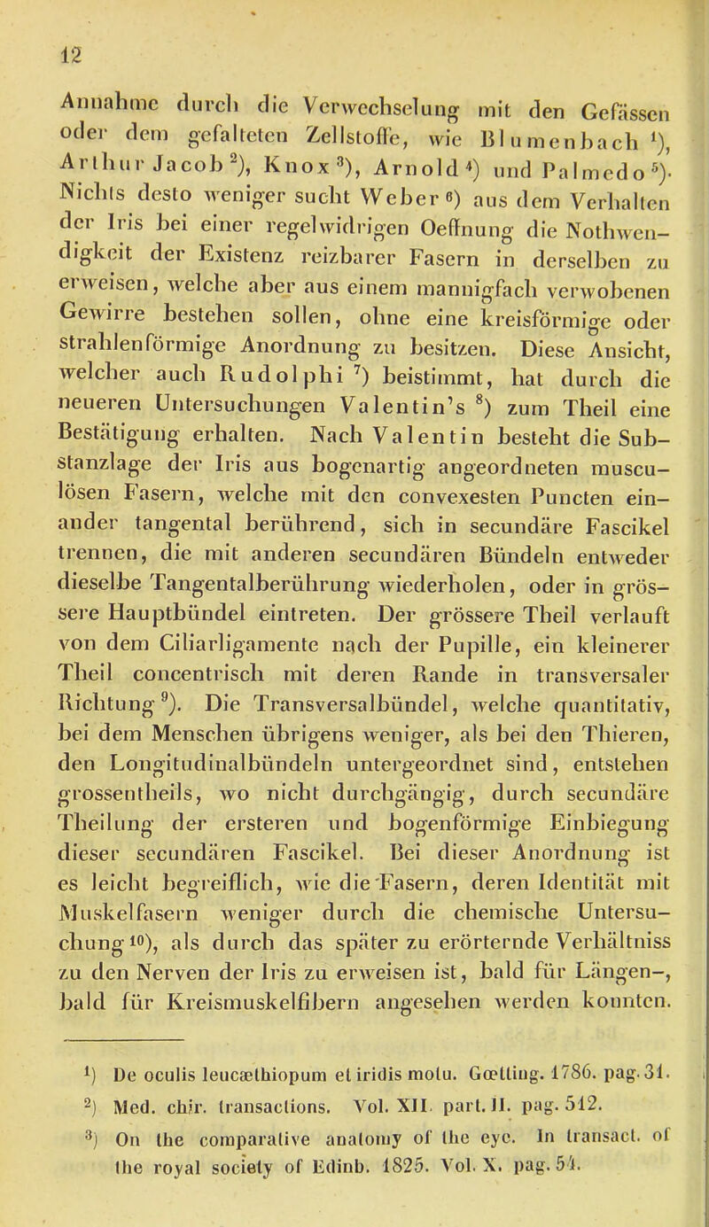 Annahme durcli die Venvechseliing mit den Gefässen oder dem gefalteten Zellstoffe, wie Bliimenbach 0, Anhur Jacob^), Knox^), Arnold und Palmedo^> Nicbls desto Aveniger sucht Wehere) aus dem Verhallen der Iris bei einer regelwidrigen Oeffiiung die Nothwen- digkeit der Existenz reizbarer Fasern in derselben zu ei weisen, Avelcbe aber aus einem mannigfach verwobenen Gewirre bestehen sollen, ohne eine kreisförmige oder strahlenförmige Anordnung zu besitzen. Diese Ansicht, welcher auch Rudolphi^) beistimmt, hat durch die neueren Untersuchungen Valentin’s *) zum Theil eine Besteätigung erhalten. Nach Valentin besteht die Sub- stanzlage der Iris aus bogenartig angeordneten muscu- lösen Fasern, welche mit den convexesten Puncten ein- ander tangental berührend, sich in secundäre Fascikel trennen, die mit anderen secundären Bündeln enhveder dieselbe Tangentalberührung wiederholen, oder in grös- sere Hauptbündel eintreten. Der grössere Theil verlauft von dem Ciliarligamente nach der Pupille, ein kleinerer Theil concentrisch mit deren Rande in transversaler Richtung®). Die Transversalbündel, welche quantitativ, bei dem Menschen übrigens weniger, als bei den Thieren, den Longitudinalbündeln untergeordnet sind, entstehen grossentheils, avo nicht durchgängig, durch secundäre Theilung der ersteren und bogenförmige Einbiegung dieser secundären Fascikel. Bei dieser Anordnung ist es leicht begreiflich, Avie die'Fasern, deren Identität mit Muskelfasern Aveniger durch die chemische Untersu- chung als durch das später zu erörternde Verhältniss zu den Nerven der Iris zu erAA^eisen ist, bald für Längen-, bald für Kreismuskelfibern angesehen Averden konnten. De oculis leuc8ethiopum et iridis motu. Goelling. 1786. pag. 31. Med. cliir. Iransaclions. Vol. XII. pari. II. pag. 512. On Ihe comparalive analoiuy of ihe eye. In iransacl. ot Ihe royal society of Edinb. 1825. Vol. X. pag. 5'i.