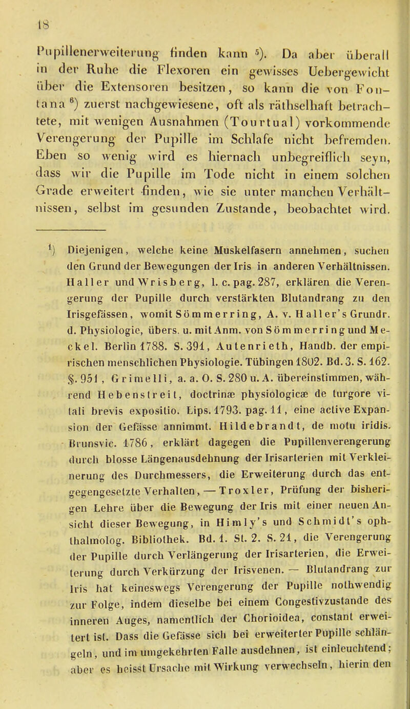 Pupillenenveiterung finden kann s). Da aber überall in der Ruhe die Flexoren ein gewisses Uebergewicht über die Extensoren besitzen, so kann die von Fon- tana zuerst nacbgewiesene, oft als rätbselbaft betrach- tete, mit wenigen Ausnahmen (Tourtual) vorkommende Verengerung’ der Pupille im Schlafe nicht befremden. Eben so wenig wird es hiernach unbegreiflich seyn, dass wir die Pupille im Tode nicht in einem solchen Grade erweitert finden, wie sie unter manchen Verbält- nissen, seihst im gesunden Zustande, beobachtet wird. Diejenigen, welche keine Muskelfasern annehmen, suchen den Grund der Bewegungen der Iris in anderen Verhältnissen. Haller und Wr isb erg, 1. c. pag. 287, erklären die Veren- gerung der Pupille durch verstärkten Blutandrang zu den Irisgefässen, womit Sömmerring, A. v. Haller’s Grundr. d. Physiologie, übers, u. mit Anm. von Söm merri ngund Me- ckel. Berlin 1788. S. 391, Autenrieth, Handb. der empi- rischen menschlichen Physiologie. Tübingen 18ü2. Bd. 3. S. 162. <§.951, Grimelli, a. a. 0. S. 280 u. A. übereinstimmen, wäh- rend Hebenstreil, doctrinae physiologicae de turgore vi- tali brevis expositio. Lips. 1793. pag. 11, eine aclive Expan- sion der Gefässe annimmt. Hildebrandt, de motu iridis. Brunsvic. 1786, erklärt dagegen die Piipillenverengerung durch blosse Längenausdehnung der Irisarlerien mit Verklei- nerung des Durchmessers, die Erweiterung durch das ent- cegengeselzte Verhalten,— Trox 1er, Prüfung der bisher!- gen Lehre über die Bewegung der Iris mit einer neuen An- sicht dieser Bew'egung, in Himly’s und Schmidt s oph- Ihalmolog. Bibliothek. Bd. 1. St. 2. S. 21, die Verengerung der Pupille durch Verlängerung der Irisarterien, die Erwei- terung durch Verkürzung der Irisvenen. — Blutandrang zur Iris hat keineswegs Verengerung der Pupille nothwendig zur Folge, indem dieselbe bei einem Congestivzustande des inneren Auges, namentlich der Chorioidea, constant erwei- tert ist. Dass die Gefässe sich bei erweiterter Pupille schlän- geln, und im umgekehrten Falle ausdehnen, ist einleuchtend; aber cs heisst Ursache mit Wirkung verwechseln, hierinden