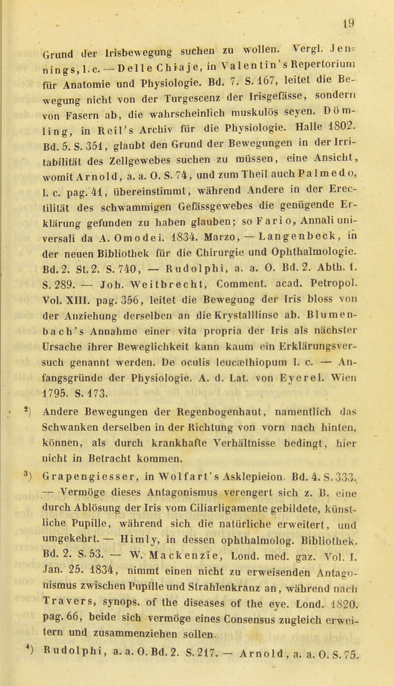 Grund der Irisbewegung suchen zu wollen. Vergl. Jen= nings,l.c.-DelleChiaje, in Valen tin’s Repertorium für Anatomie und Physiologie. Bd. 7. S. 167, leitet die Be- wegung nicht von der Turgescenz der Irisgefässe, sondern von Fasern ab, die wahrscheinlich muskulös seyen. Döm- ling, in Reil’s Archiv für die Physiologie. Halle 1802. Bd. 5. S. 351, glaubt den Grund der Bewegungen in der Irri- tabilität des Zellgewebes suchen zu müssen, eine Ansicht, womit Ar n o 1 d, a. a. 0. S. 74, und zum Theil auch P a 1 m e d o, 1. c. pag. 41, übereinstiramt, während Andere in der Erec- tilität des schwammigen Gefässgewebes die genügende Er- klärung gefunden zu haben glauben; so F ari o, Annali uni- versal! da A. Omodei. 1834. Marzo, — Langenbeck, in der neuen Bibliothek für die Chirurgie und Ophthalmologie. Bd.2. St.2. S. 740, — Rudolphi, a. a. 0. Bd. 2. Abth. 1. S. 289. — Joh. Weitbrecht, Comment. acad. Petropol. Vol. XIII. pag. 356, leitet die Bewegung der Iris bloss von der Anziehung derselben an die Krystalllinse ab. Blumen- bach’s Annahme einer vita propria der Iris als nächster Ursache ihrer Beweglichkeit kann kaum ein Erklärungsver- such genannt werden. De oculis leucailhiopum 1. c. — An- fangsgründe der Physiologie. A. d. Lat. von Eyerel. Wien 1795. S. 173. *) Andere Bewegungen der Regenbogenhaut, namentlich das Schwanken derselben in der Richtung von vorn nach hinten, können, als durch krankhafte Verhältnisse bedingt, hier nicht in Betracht kommen. Grapengiesser, in Wolfa rt's Asklepieion. Bd. 4. S.333. — Vermöge dieses Antagonismus verengert sich z. B. eine durch Ablösung der Iris vom Ciliarligamente gebildete, künst- liche Pupille, während sich die natürliche erweitert, und umgekehrt. — Hirn ly, in dessen ophthalmolog. Bibliothek. Bd.2. S.53. — W. Mackenzie, Lond. med. gaz. Vol. I. Jan. 25. 1834, nimmt einen nicht zu erweisenden Antago- nismus zwischen Pupille und Strahlenkranz an, während nach Travers, synops. of the diseases of the eye. Lond. 1820. pag. 66, beide sich vermöge eines Consensus zugleich erwei- tern und zusammenziehen sollen. *) Rudolphi, a.a.O.Bd.2. S.217, - Arnold , a. a. 0. S. 75.