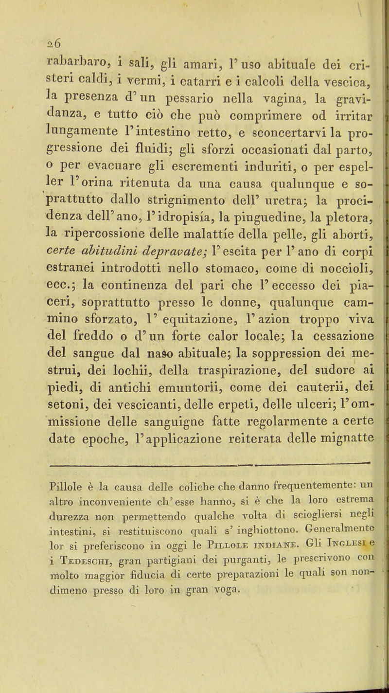 rabarbaro, i sali, gli amari, l’uso abituale dei cri- steri caldi, i vermi, i catarri e i calcoli della vescica, i la presenza d’un pessario nella vagina, la gravi- danza, e tutto ciò che può comprimere od irritar , lungamente l’intestino retto, e sconcertarvi la prò- i gressione dei fluidi; gli sforzi occasionati dal parto, , o per evacuare gli escrementi induriti, o per espel- i ler l’orina ritenuta da una causa qualunque e so- • prattutto dallo strignimento dell’ uretra; la proci- | denza dell’ano, l’idropisia, la pinguedine, la pletora, la ripercossione delle malattie della pelle, gli aborti, certe abitudini depravate; l’escita per l’ano di corpi estranei introdotti nello stomaco, come di noccioli, ecc.; la continenza del pari che l’eccesso dei pia- ceri, soprattutto presso le donne, qualunque cam- mino sforzato, l’equitazione, l’azion troppo viva del freddo o d’un forte caler locale; la cessazione | del sangue dal nado abituale; la soppression dei me- i strui, dei locbii, della traspirazione, del sudore ai j piedi, di antichi emuntorii, come dei cauterii, dei | setoni, dei vescicanti, delle erpeti, delle ulceri; l’om- i missione delle sanguigne fatte regolarmente a certe date epoche, l’applicazione reiterata delle mignatte | Pillole è la causa delle coliche che danno frequentemente: un I altro inconveniente ch’esse hanno, si è che la loro estrema | durezza non permettendo qualche volta di sciogliersi negli intestini, si restituiscono quali s’ inghiottono. Generalmente lor si preferiscono in oggi le Pillole indiane. Gli Inglesi e i Tedeschi, gran partigiani dei purganti, le prescrivono con molto maggior fiducia di certe preparazioni le quali son non- 'I dimeno presso di loro in gran voga.