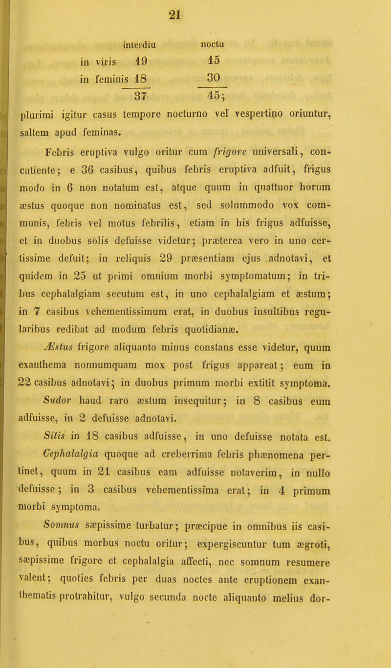 intcidiu noctu in viris 19 in feminis 18 15 30 37 45; plurimi igilur casus tempore nocturno vel vespertino oriuntur, SitUem apud feminas. Febris eruptiva vulgo oritur cum frigore universali, con- cutiente; e 36 casibus, quibus febris eruptiva adfuit, frigus modo in 6 non notatum est, atque quum in quattuor horum cEStus quoque non nominatus est, sed solummodo vox com- munis, febris vel motus febrilis, etiam in his frigus adfuisse, et in duobus solis defuisse videtur; praeterea vero in uno cer- tissime defuit; in reliquis 29 praesentiam ejus adnotavi, et quidem in 25 ut primi omnium morbi symptomatum; in tri- bus cephalalgiam secutum est, in uno cephalalgiam et aestum; in 7 casibus vehementissimum erat, in duobus insultibus regu- laribus redibat ad modum febris quotidianae. yEstus frigore aliquanto minus constans esse videtur, quum exanthema nonnumquam mox post frigus appareat; eum in 22 casibus adnotavi 5 in duobus primum morbi extitit symptoma. Sudor haud raro aestum insequitur; in 8 casibus eum adfuisse, in 2 defuisse adnotavi. Sitis in 18 casibus adfuisse, in uno defuisse notata est. Cephalalgia quoque ad creberrima febris phaenomena per- tinet, quum in 21 casibus eam adfuisse notaverim, in nullo defuisse; in 3 casibus vchementissfma erat; in 4 primum morbi symptoma. Somnus saepissime turbatur; praecipue in omnibus iis casi- bus, quibus morbus noctu oritur; expergiscuntur tum aegroti, saepissime frigore et cephalalgia affecti, nec somnum resumere valent; quoties febris per duas noctes ante eruptionem exan- thematis protrahitur, vulgo secunda nocte aliquanto melius dor-