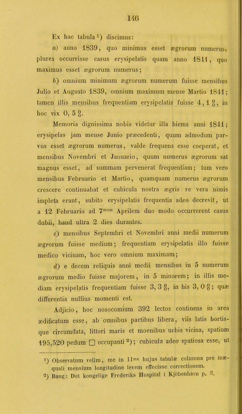 1^6 Ex hac tabula^) discimus: a) anno 1839, quo minimus esset (cgrorura numerus, plures occurrisse casus erysipelatis quam anno 1811, quo maximus esset a;grorum numerus; fc) omnium minimum aegrorum numerum fuisse mensibus Julio et Augusto 1839, omnium maximum mense Martio 1841; tamen illis mensibus frequentiam erysipelatis fuisse 4,1{], in hoc vix 0, 5 g. Memoria dignissima nobis videtur illa hiems anni 1841; erysipelas jam mense Junio praecedenti, quum admodum par- vus esset aegrorum numerus, valde frequens esse coeperat, et mensibus Novembri et Januario, quum numerus aegrorum sat magnus esset, ad summam pervenerat frequentiam; tum vero mensibus Februario et Martio, quamquam numerus aegrorum crescere continuabat et cubicula nostra aegris re vera nimis impleta erant, subito erysipelatis frequentia adeo decrevit, ut a 12 Febi-uario ad 7'' Aprilem duo modo occurrerent casus dubii, haud ultra 2 dies durantes. c) mensibus Septembri et Novembri anni medii numerum aegrorum fuisse medium; frequentiam erysipelatis illo fuisse medico vicinam, hoc vero omnium maximam; d) e decem reliquis anni medii mensibus in 5 numerum aegrorum medio fuisse majorem, in 5 minorem; in illis me- diam erysipelatis frequentiam fuisse 3, 3 §, in his 3, 0 8 ; quae differentia nullius momenti est. Adjicio, hoc nosocomium 392 lectos continens in area aedificatum esse, ab omnibus partibus libera, viis latis hortis- que circumdata, littori maris et moenibus urbis vicina, spatium 195,520 pedum □ occupanti 2); cubicula adeo spatiosa esse, ut Observatum velim, me in 11’® hujus tabulae columna pro inae- quali mensium longitudine levem effecisse correctionem. 2) Bang: Det kongclige Frederiks Hospital i Kjdbenhavn p. -“l.