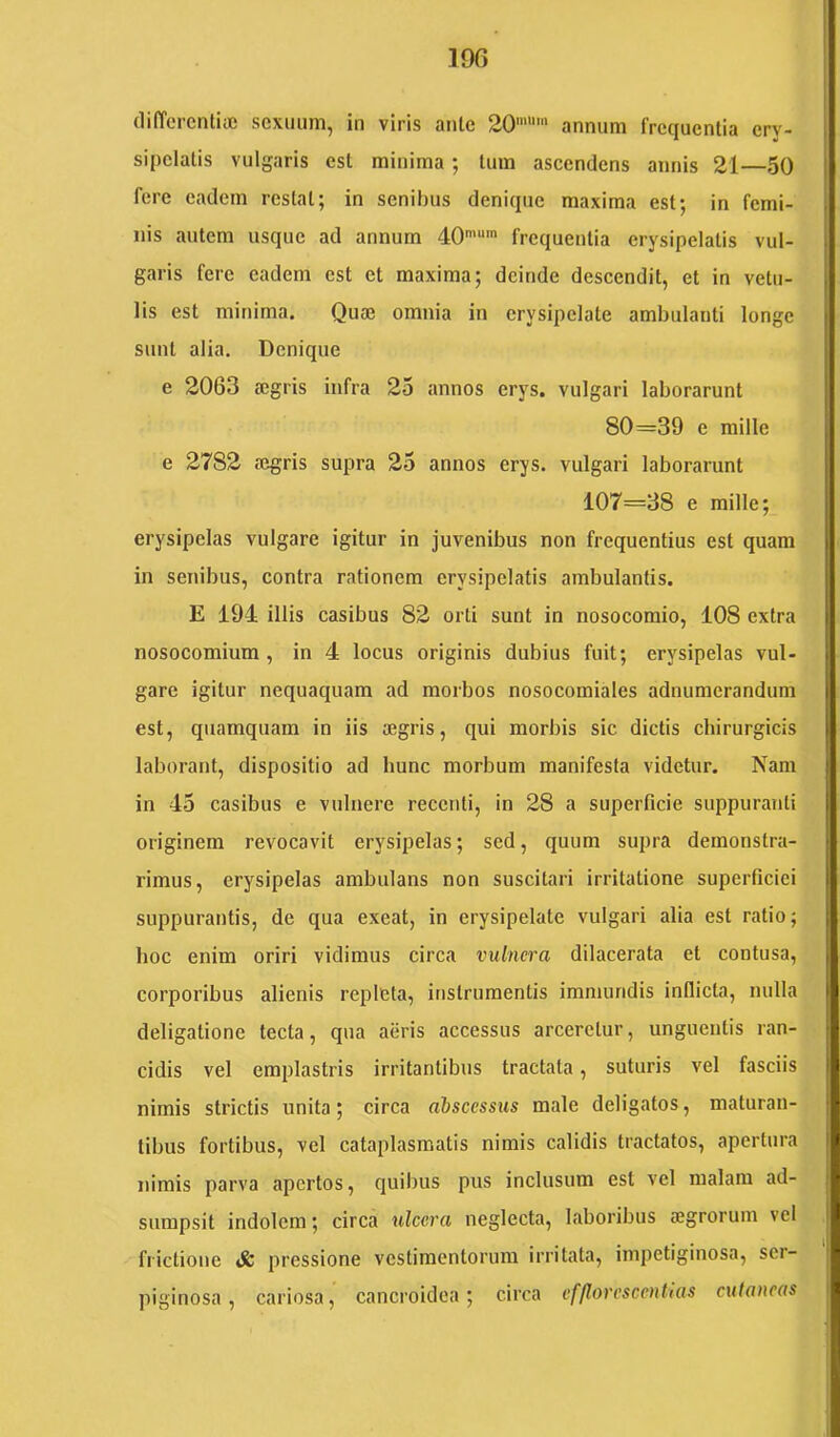 (liffcrcnliue sexuum, in viris ante 20'“' annum frequentia ery- sipelatis vulgaris est minima; tum ascendens annis 21—50 fere eadem restat; in senibus denique maxima est; in femi- nis autem usque ad annum 40'’ frequentia erysipelatis vul- garis fere eadem est et maxima; deinde descendit, et in vetu- lis est minima. Quae omnia in erysipelate ambulanti longe sunt alia. Denique e 2063 aegris infra 25 annos erys. vulgari laborarunt 80=39 e mille e 2782 aegris supra 25 annos erys. vulgari laborarunt 107=38 e mille; erysipelas vulgare igitur in juvenibus non frequentius est quam in senibus, contra rationem erysipelatis ambulantis. E 194 illis casibus 82 orti sunt in nosocomio, 108 extra nosocomium, in 4 locus originis dubius fuit; erysipelas vul- gare igitur nequaquam ad morbos nosocomiales adnumerandum est, quamquam in iis aegris, qui morbis sic dictis chirurgicis laborant, dispositio ad hunc morbum manifesta videtur. Nam in 45 casibus e vulnere recenti, in 28 a superficie suppuranti originem revocavit erysipelas; sed, quum supra demonstra- rimus, erysipelas ambulans non suscitari irritatione superficiei suppurantis, de qua exeat, in erysipelate vulgari alia est ratio; hoc enim oriri vidimus circa vulnera dilacerata et contusa, corporibus alienis repleta, instrumentis immundis inflicta, nulla deligatione tecta, qua aeris accessus arceretur, unguentis ran- cidis vel emplastris irritantibus tractata, suturis vel fasciis nimis strictis unita; circa aiscessus male deligatos, maturan- tibus fortibus, vel cataplasmatis nimis calidis tractatos, apertura nimis parva apertos, quibus pus inclusum est vel malam ad- sumpsit indolem; circa ulcera neglecta, laboribus aegrorum vel frictione & pressione vestimentorum irritata, impetiginosa, ser- piginosa , cariosa, cancroidea; circa efllorcscentias cutaneas