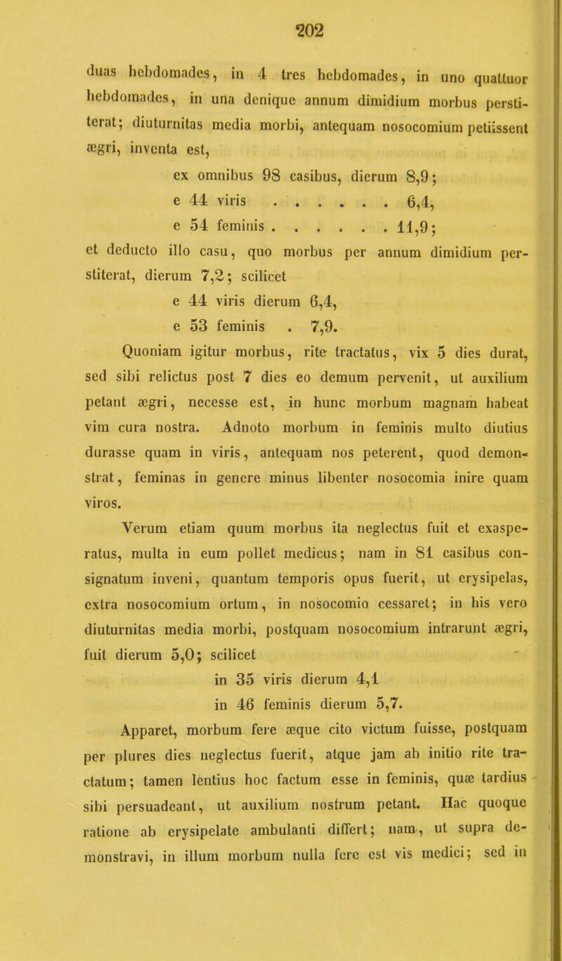 duas hebdomades, in 4 tres hebdomades, in uno quattuor hebdomades, in una denique annum dimidium morbus persti- terat; diuturnitas media morbi, antequam nosocomium petiissent aegri, inventa est, ex omnibus 98 casibus, dierum 8,9; e 44 viris 6,4, e 54 feminis 11,9; et deducto illo casu, quo morbus per annum dimidium per- stiterat, dierum 7,2; scilicet e 44 viris dierum 6,4, e 53 feminis . 7,9. Quoniam igitur morbus, rite tractatus, vix 5 dies durat, sed sibi relictus post 7 dies eo demum pervenit, ut auxilium petant aegri, necesse est, in hunc morbum magnam habeat vim cura nostra. Adnoto morbum in feminis multo diutius durasse quam in viris, antequam nos peterent, quod demon- strat , feminas in genere minus libenter nosocomia inire quam viros. Verum etiam quum morbus ita neglectus fuit et exaspe- ratus, multa in eum pollet medicus; nam in 81 casibus con- signatum inveni, quantum temporis opus fuerit, ut erysipelas, extra nosocomium ortum, in nosocomio cessaret; in bis vero diuturnitas media morbi, postquam nosocomium intrarunt aegri, fuit dierum 5,0; scilicet in 35 viris dierum 4,1 in 46 feminis dierum 5,7. Apparet, morbum fere aeque cito victum fuisse, postquam per plures dies neglectus fuerit, atque jam ab initio rite tra- ctatum ; tamen lentius hoc factum esse in feminis, quae tardius - sibi persuadeant, ut auxilium nostrum petant. Hac quoque ratione ab erysipelate ambulanti differt; nam, ut supra de- monstravi, in illum morbum nulla fere est vis medici; sed in
